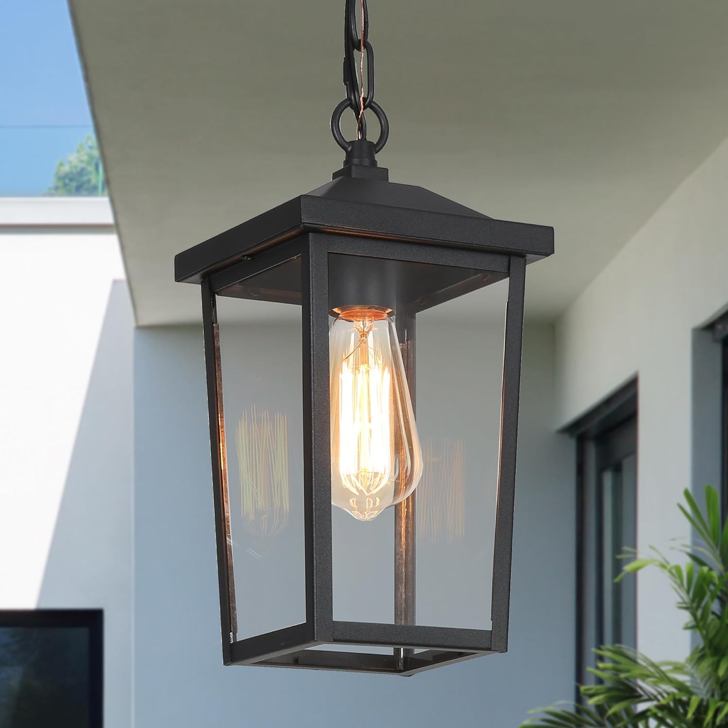 Outdoor Pendant Light Fixture, Farmhouse Exterior Anti-Rust Hanging Lights with Adjustable Chain, Black Ceiling Outdoor Light with Clear Glass, Hanging Lantern for Front Door, Entry, Porch, and Gazebo