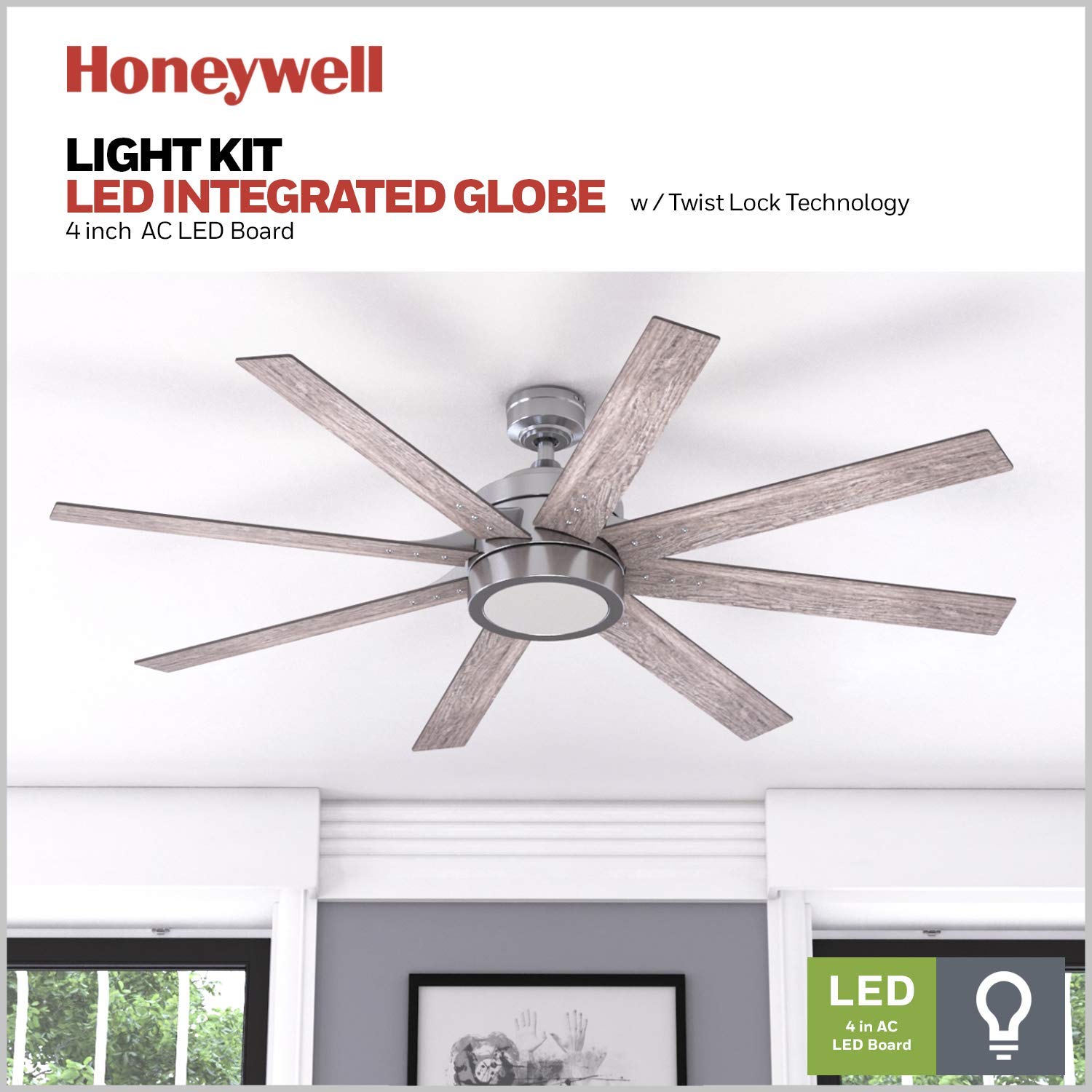 Ceiling Fans Xerxes, 62 Inch Contemporary LED Ceiling Fan with Light and Remote Control, 8 Blades with Dual Finish, Reversible Motor - 51628-01 (Brushed Nickel)