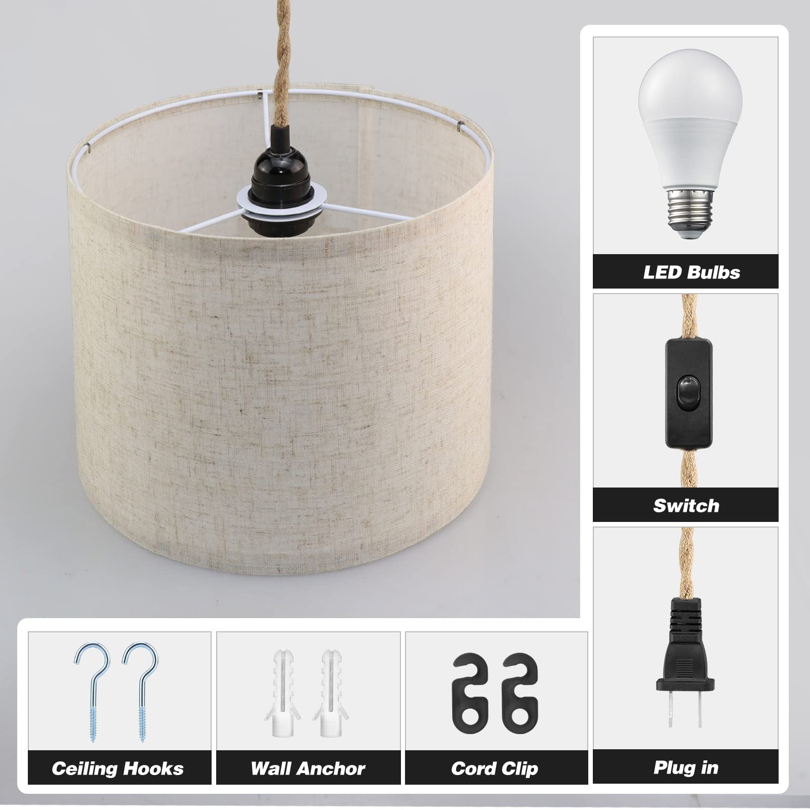 Plug in Pendant Light, Hanging Light with Plug in Cord with Dimmable Switch, Hanging Lamp with 15ft Hemp Rope, Beige Linen Shade, Hanging Light Fixture for Bedroom, Living Room 2 Pack