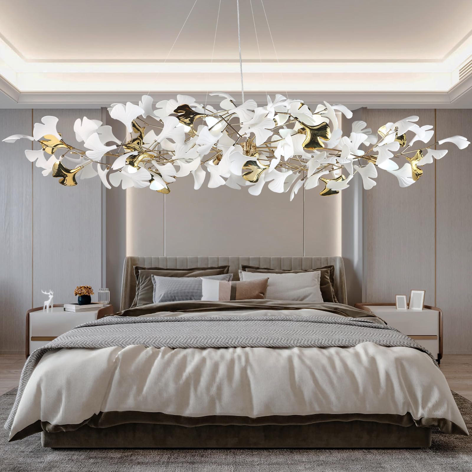 59 Inch White Rectangle Chandelier Ceramic Ginkgo Leaf Chandeliers Brass Large Chandeliers Modern Art Deco Chandelier for Dining Room Living Room,10-Light