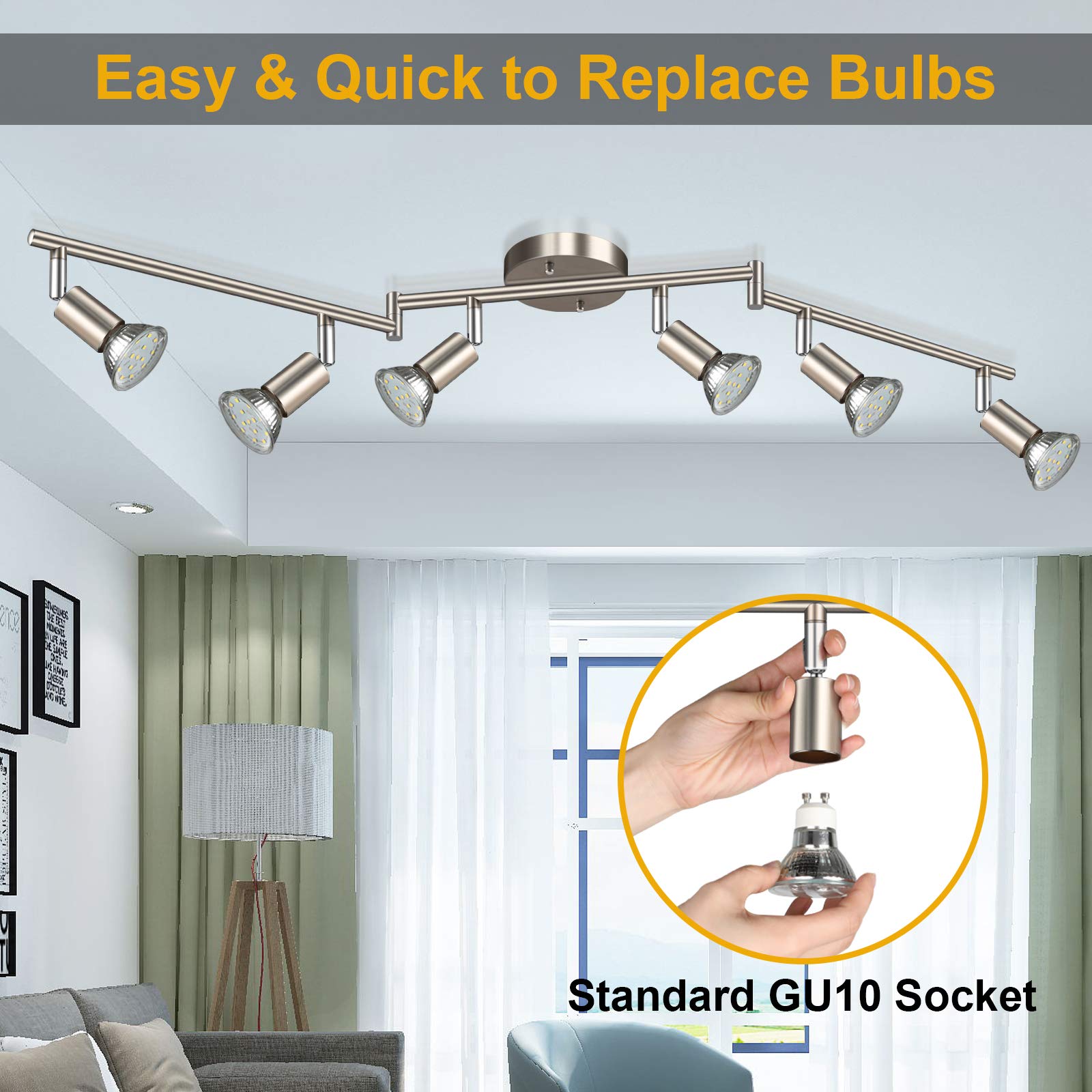 4-Light LED Track Lighting Kit, Flexibly Rotatable Light Heads, 4 Way Ceiling Spotlight Matt Nickel Finish, Including 4 GU10 LED Bulbs (4W 400LM Daylight White 5000K)