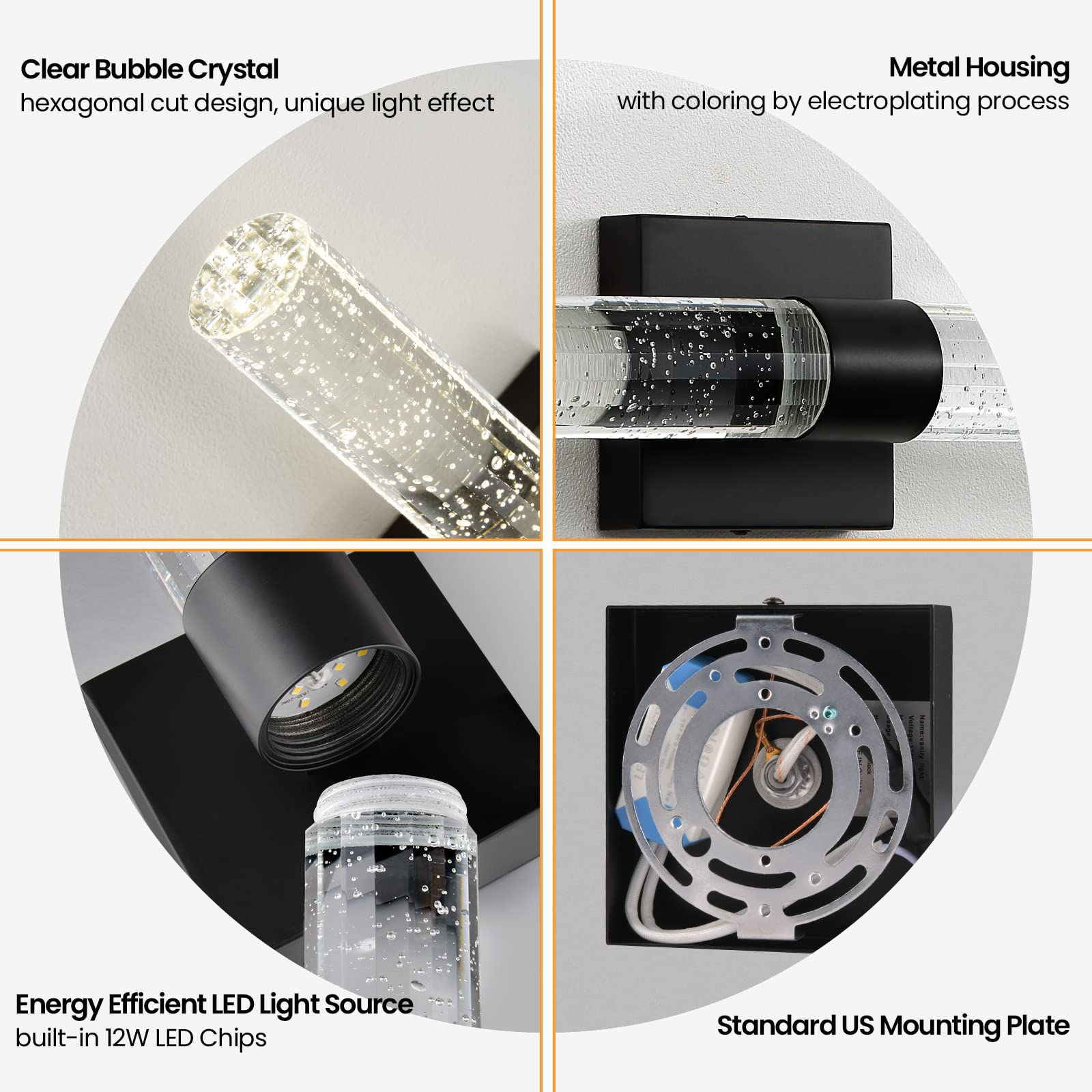 Black Modern LED Wall Sconce - 18 Inch Wall Sconces Set of Two 4000K Dimmable Crystal Sconce Wall Lighting Indoor Wall Mount Bathroom Vanity Light Fixtures for Bedroom Living Room, 12W