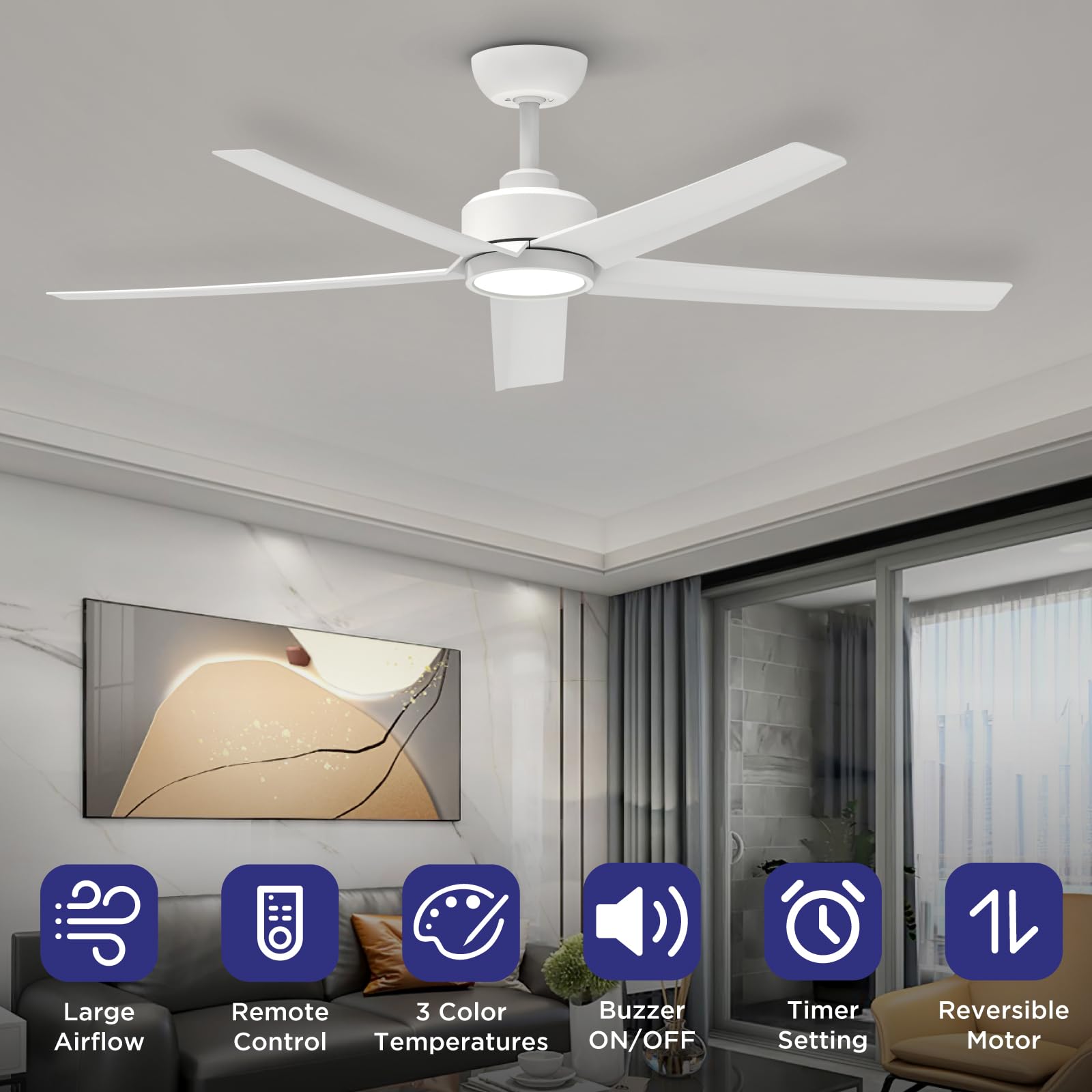 Ceiling Fans with Lights, 52 inch Black Ceiling Fan with Light and Remote Control, 3CCT, Quiet DC Motor, 5 Blades Modern Ceiling Fan for Living Room Farmhouse Bedroom