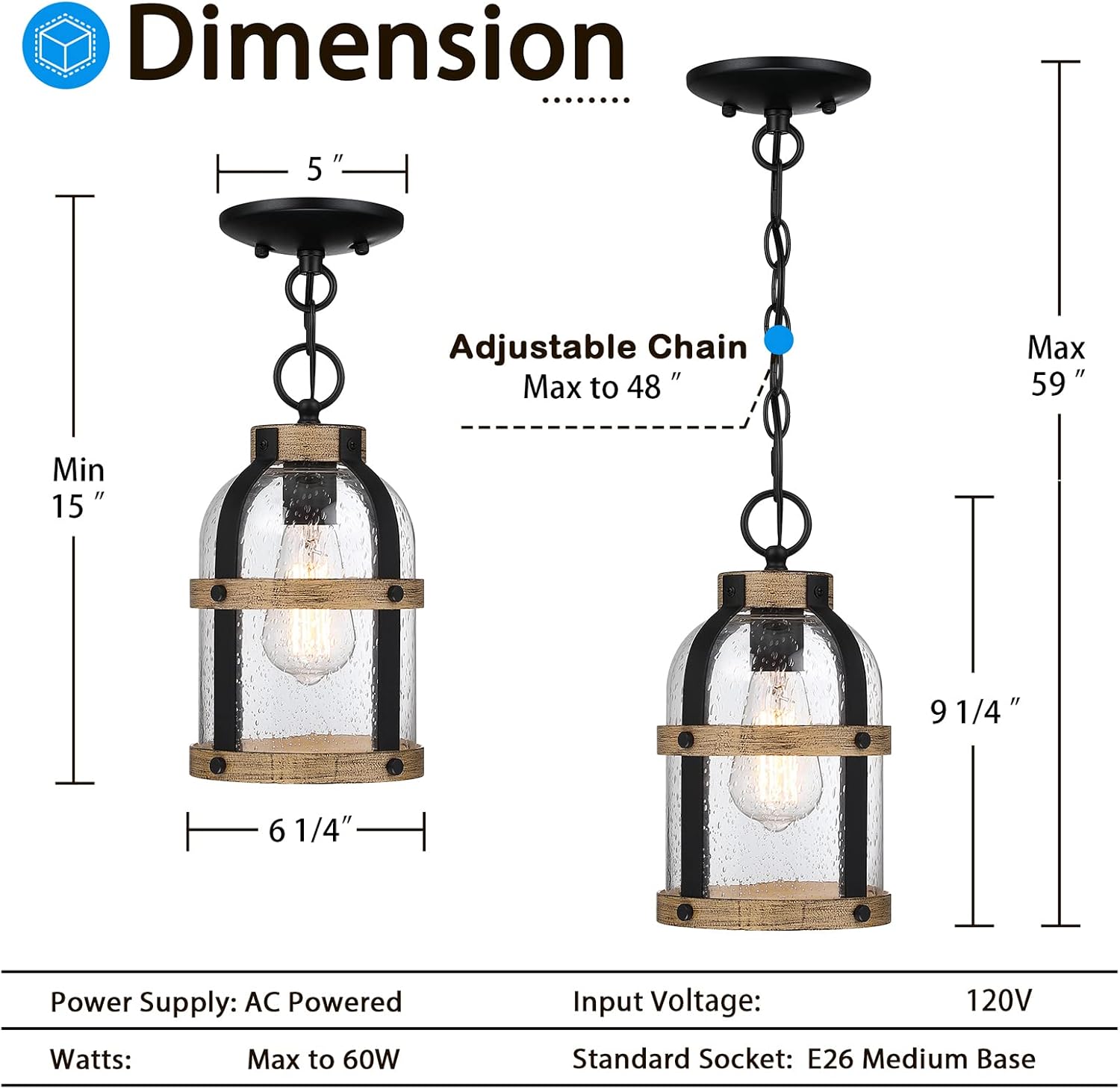 Outdoor Pendant Light for Porch,Waterproof Modern Exterior Hanging Lantern with Adjustable Chain, in Black and Wood Grain Finish with Air Bubble Glass for Front Door,Entryway,Farmhouse