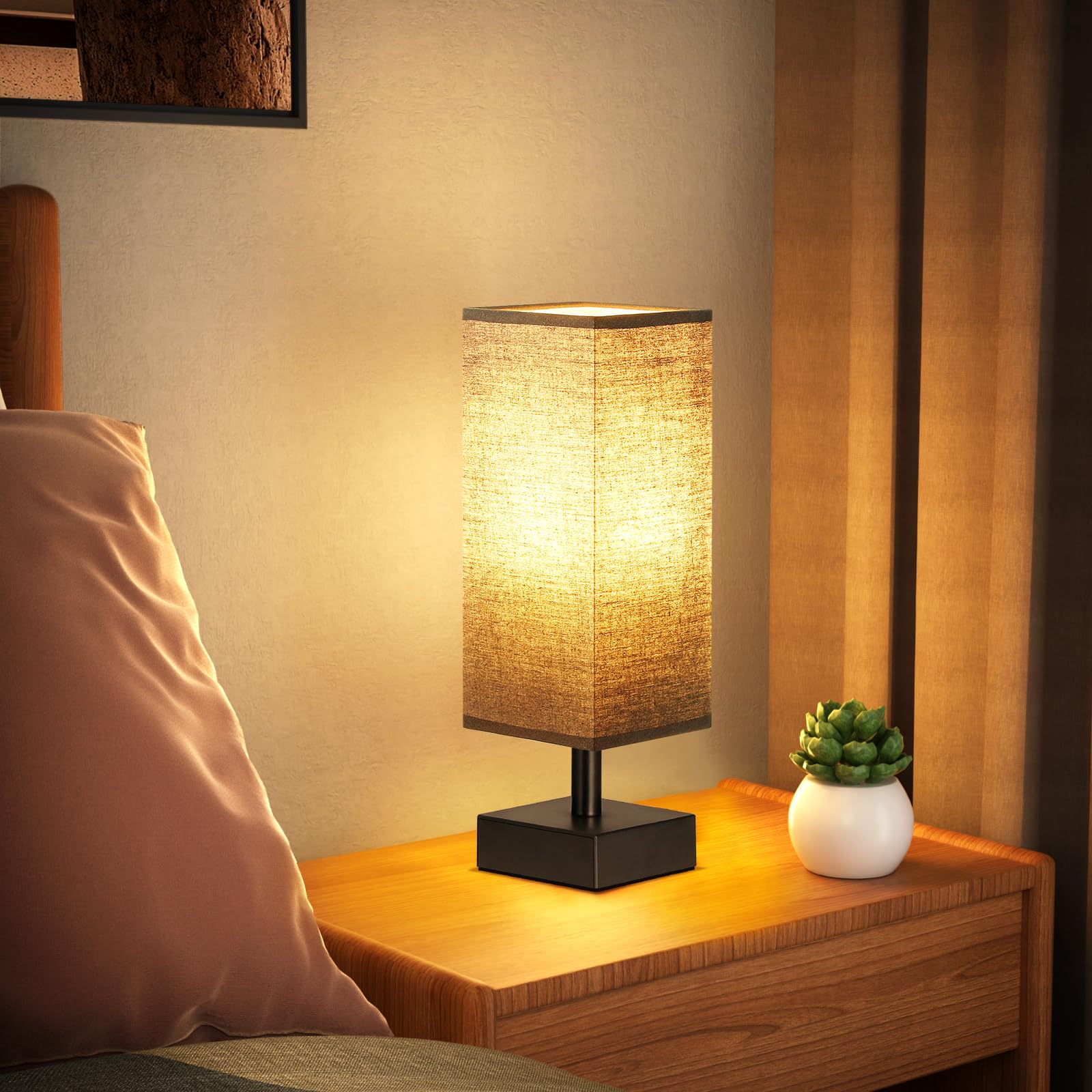 Small Table Lamp for Bedroom - Bedside Lamps for Nightstand, Minimalist Night Stand Light Lamp with Square Fabric Shade, Desk Reading Lamp for Kids Room Living Room Office Dorm