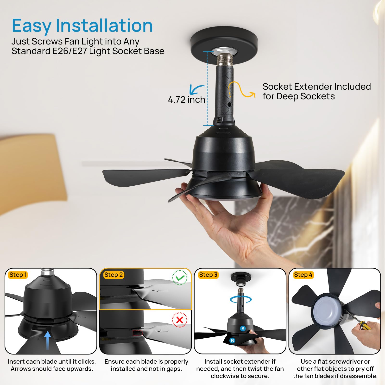 Ceiling Fans with Lights, Socket Fan Light with Remote, 3 Colors 5 Brightness Dimmable LED Ceiling Fan with Lights, 3 Wind Speeds Quiet Ceiling Fan for Bedroom Living Room Kitchen Home Indoor