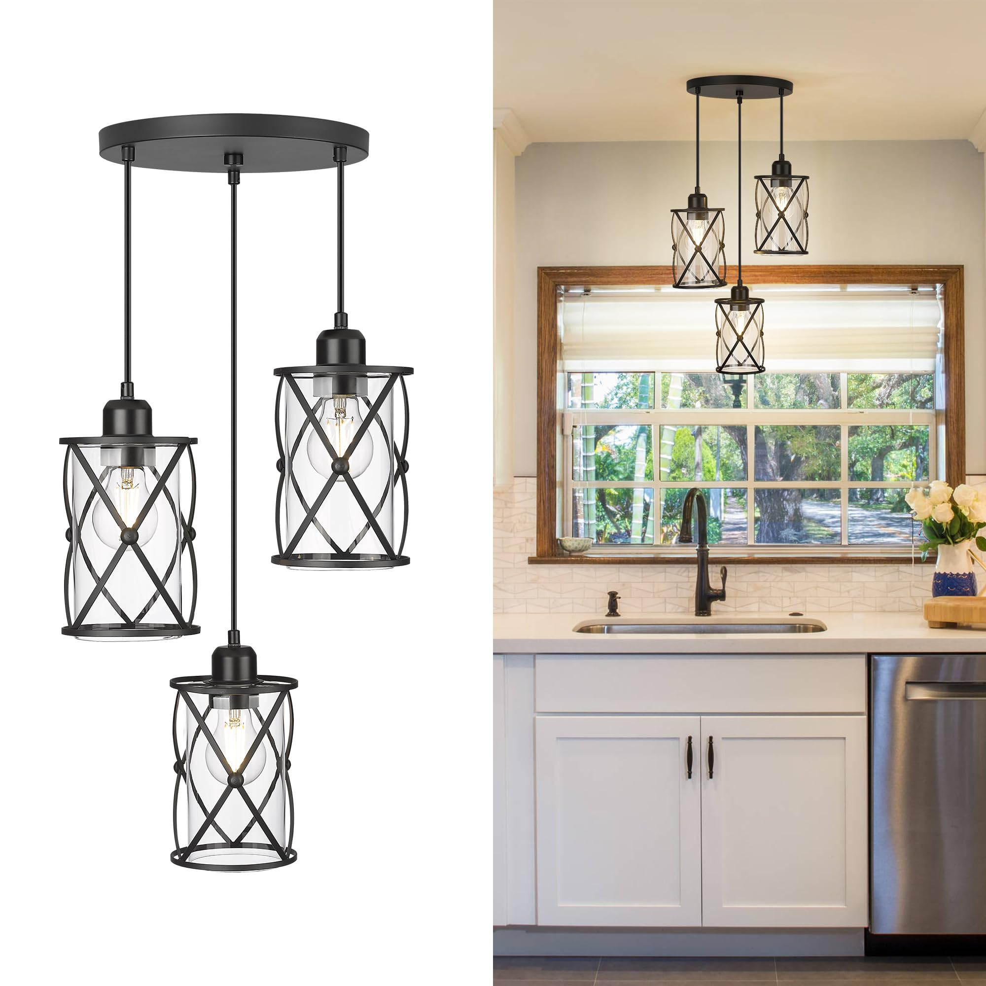 Brushed Gold Pendant Light Fixtures, 3-Light Modern Dining Room Cluster Pendant Light with Milky Glass, Mid Century Cage Hanging Pendant Lighting for Kitchen, Adjustable, CH9176BGW3