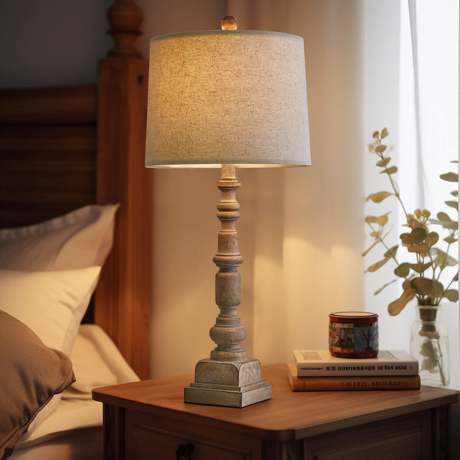 27.75" Single Table Lamp for Living Room, Farmhouse Bedside Lamps with Dual USB Port for Bedroom Kids Room Dorm Office, Rustic Lamps for End Table Nigntstand Resin