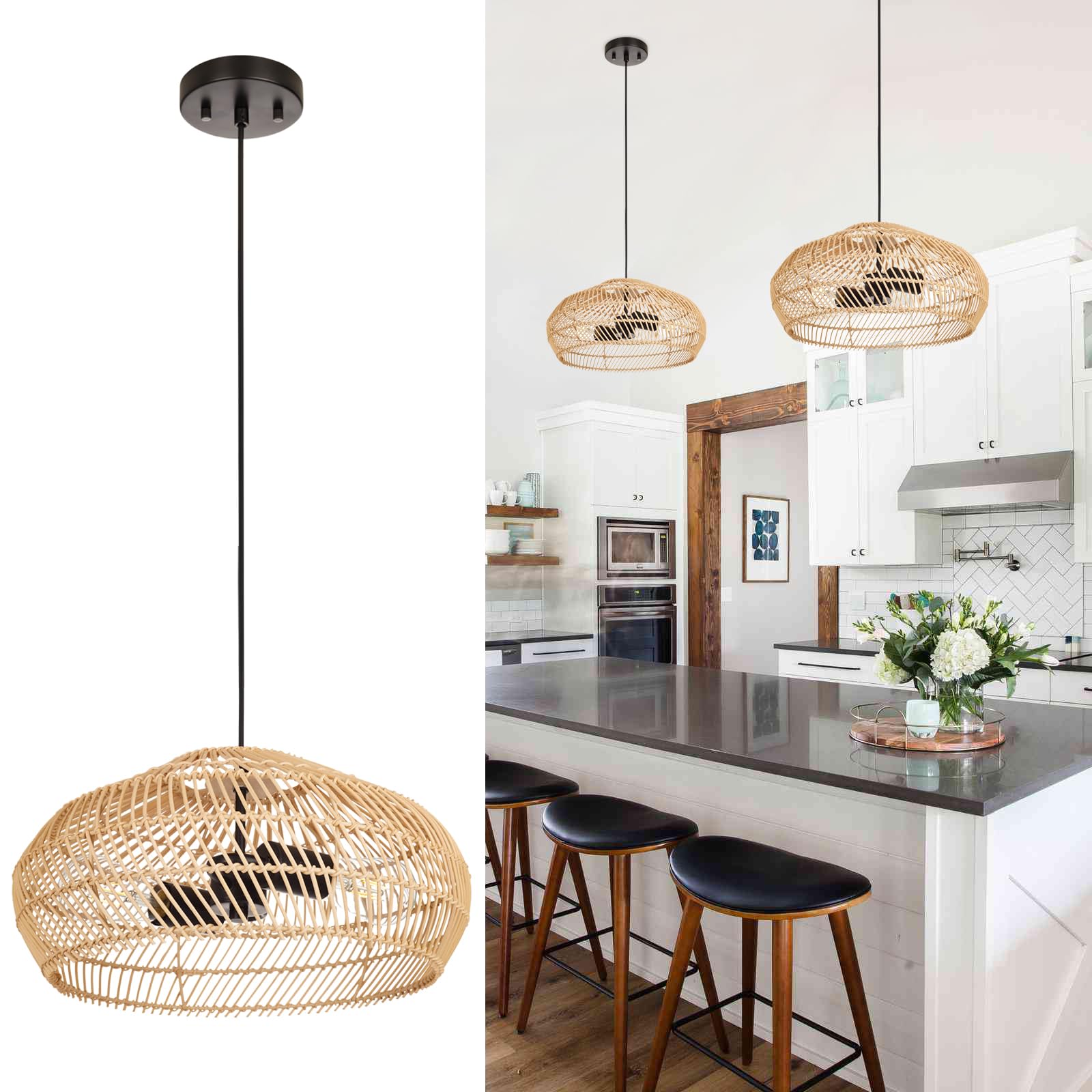 Rustic Farmhouse Bamboo Pendant Light - 18 Inch Large Dome Handwoven Ceiling Mounted Bamboo Chandelier Shades, Coastal Beach Hanging Rattan Light Fixture for Kitchen, Dining, Living Room