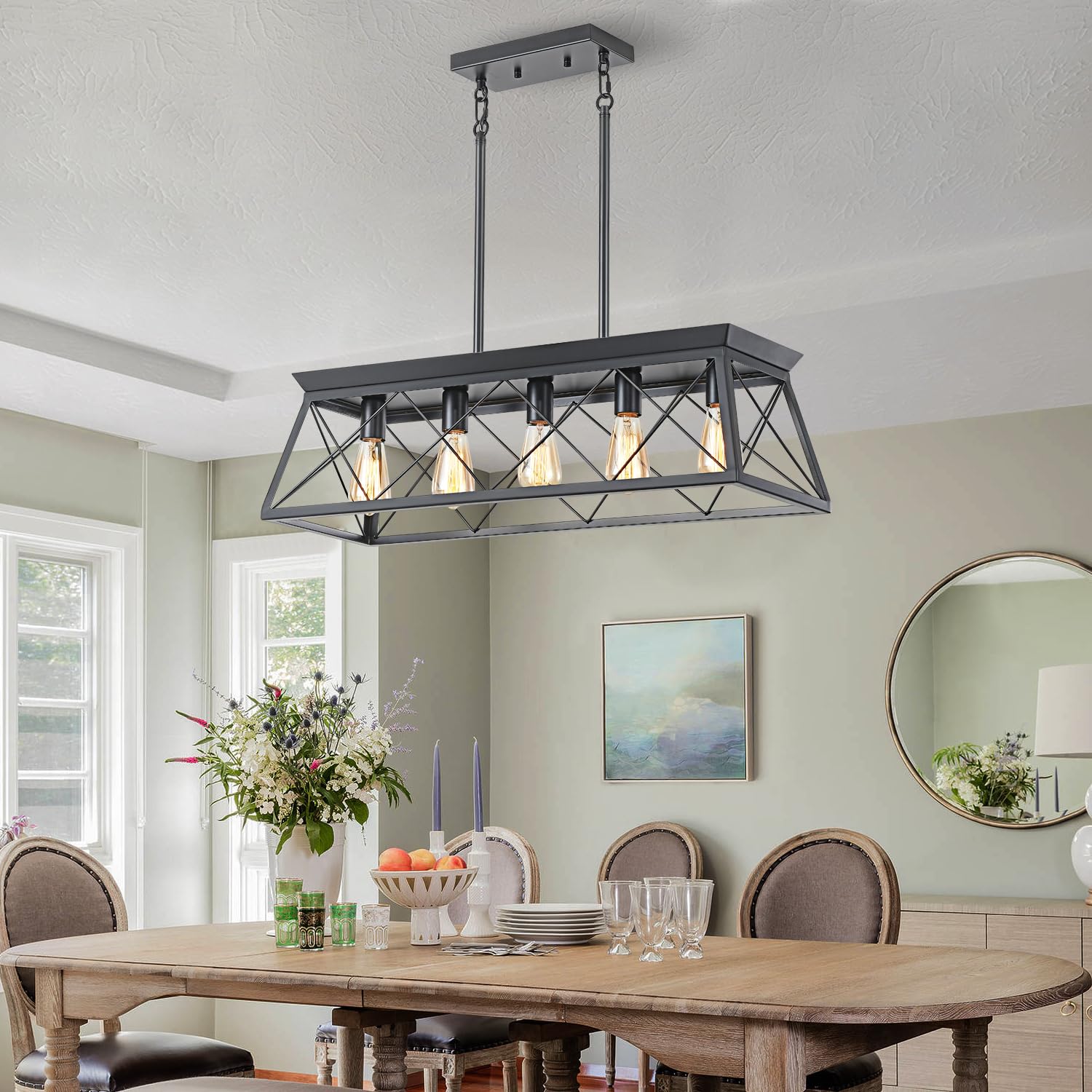 5-Light Farmhouse Pendant Light for Dining Room, Rustic Kitchen Island Lighting, Adjustable Height Chandeliers for Kitchen, Dining Room Table Black