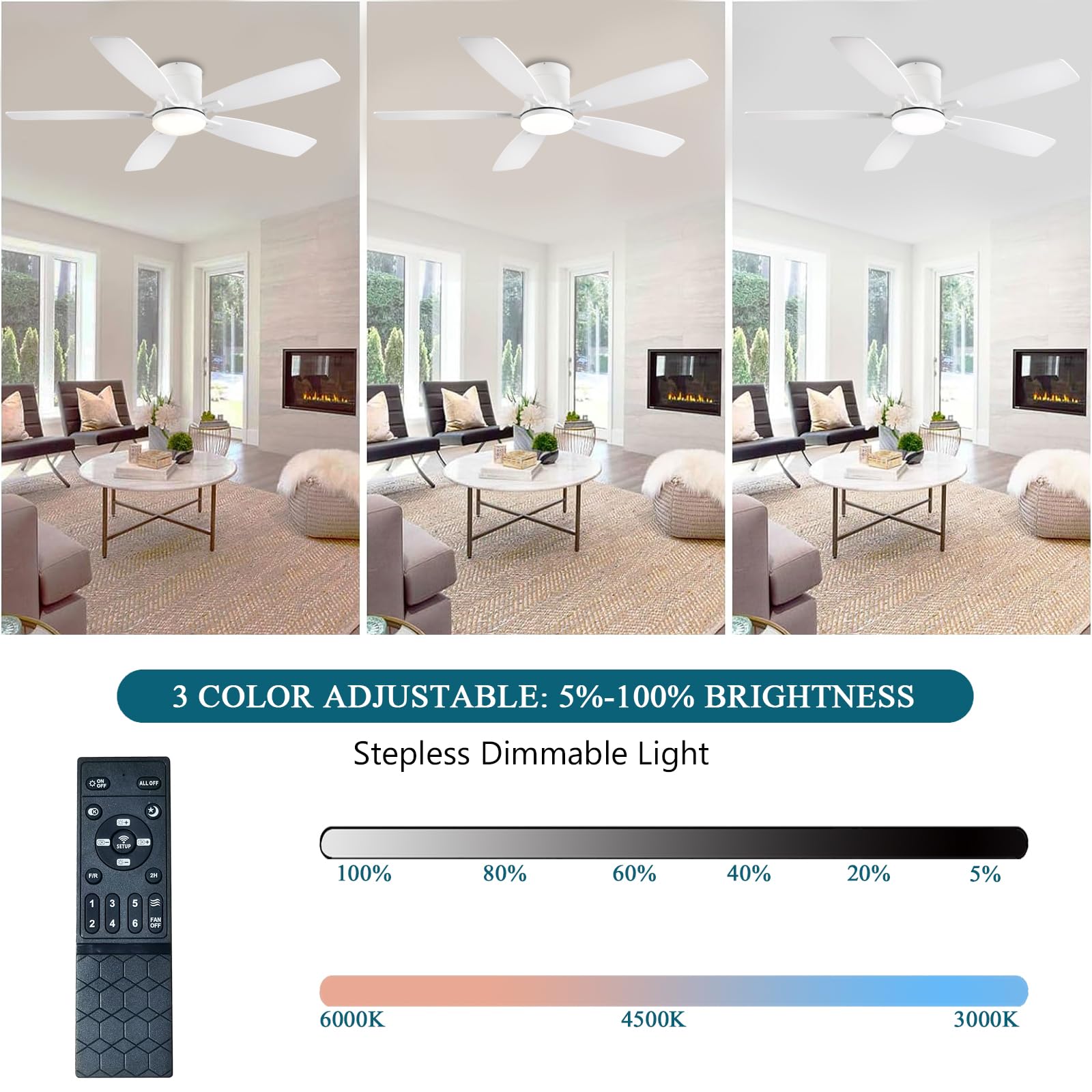 Ceiling Fans with Lights, 52 inch Low Profile Ceiling Fan with Light and Remote Control, Flush Mount, Reversible Motor, Dimmable, Noiseless, White Ceiling Fan for Bedroom, Indoor/Outdoor Use