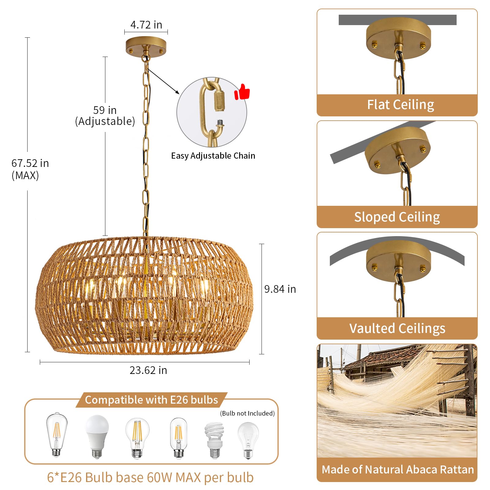 4-Light Rattan Semi Flush Mount Ceiling Light, 15" Boho Light Fixture with Hand-Woven Rattan Shade in Quatrefoil Shape, Farmhouse Boho Chandelier Wicker Light Fixture for Kitchen Bedroom Foyer