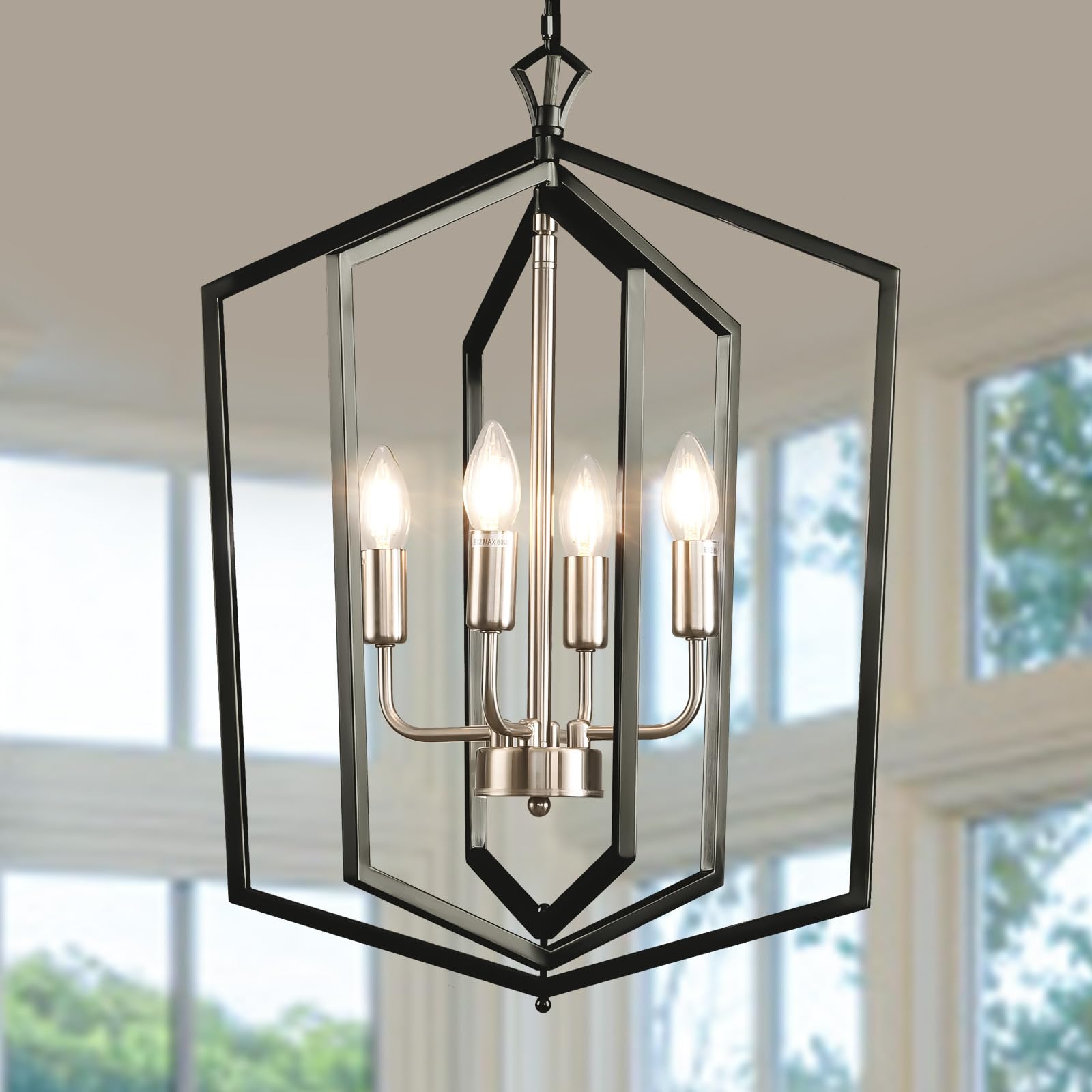 4-Light Lantern Pendant Light, 18.1" Gold Kitchen Pendant Light, Modern Geometric Chandelier, Adjustable Chain Cage Hanging Pendant Light Fixture for Bedroom, Kitchen Island, Foyer, Entrance