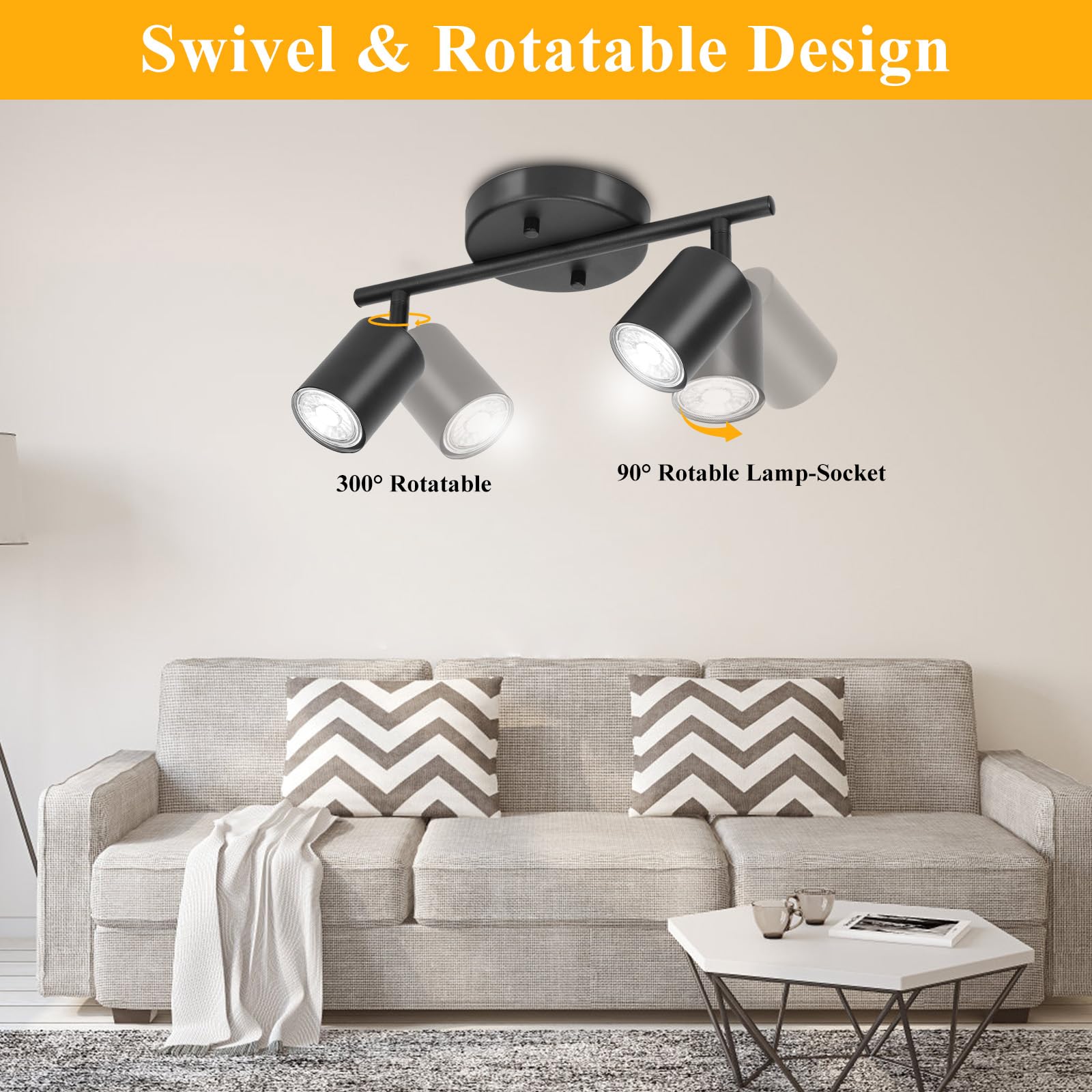 LED 2 Light Track Lighting Kit, Black 2 Way Ceiling Spot Lighting, Flexibly Rotatable Light Head for Kitchen, Living Room, Bedroom, GU10 Bulb Not Included