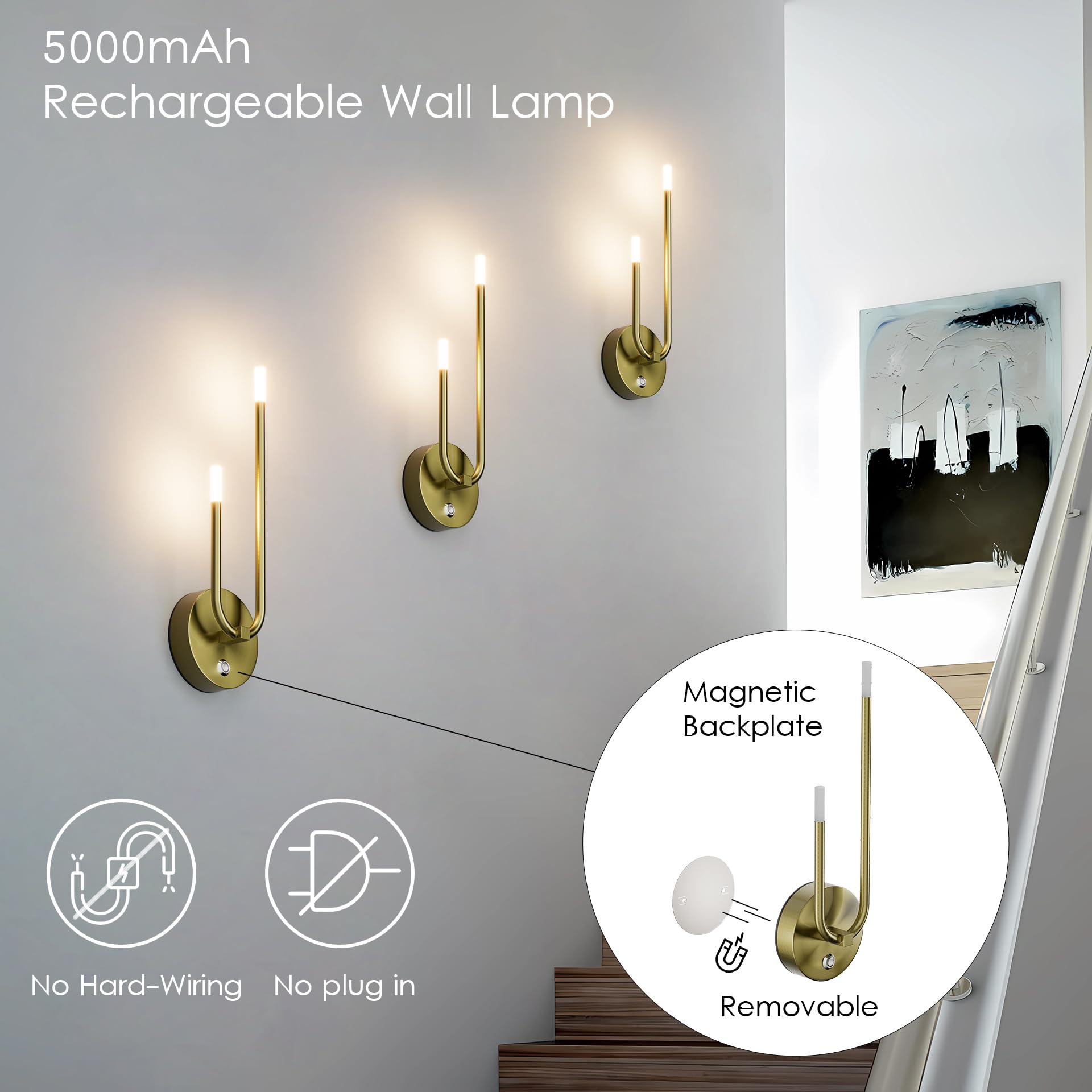 Gold Battery Operated Wall Sconce Set of 2, Modern LED Rechargeable Wall Sconce Stepless Dimming Wireless Wall Lights for Bedroom,Living Room,Hallway Warm Light 3000K