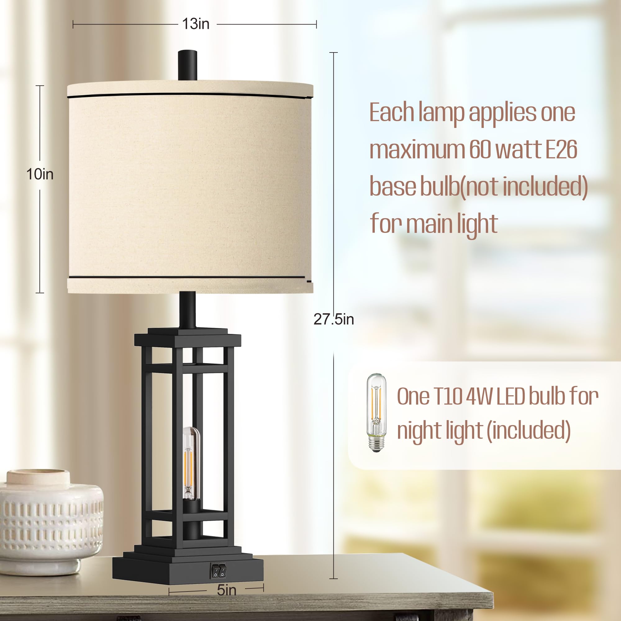 ROTTOGOON 27.5 Tall Farmhouse Table Lamps with USB C + USB A Charge Ports, Rustic Living Room Lamps Set of 2, Black Industrial End Table Lamp for Bedroom Living Room Nightstand (Bronze)