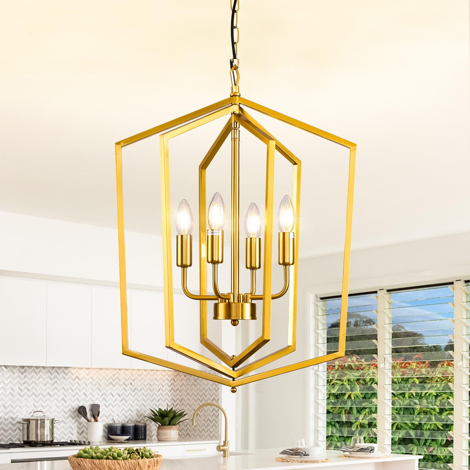 4-Light Lantern Pendant Light, 18.1" Gold Kitchen Pendant Light, Modern Geometric Chandelier, Adjustable Chain Cage Hanging Pendant Light Fixture for Bedroom, Kitchen Island, Foyer, Entrance