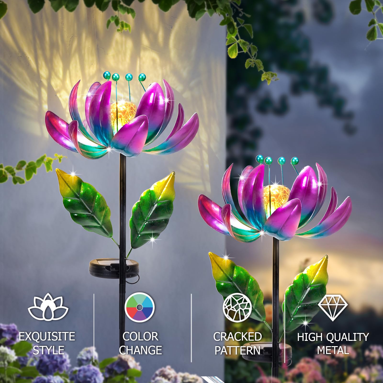 Solar Light Outdoor Waterproof Garden Light Metal Glass Decorative LED Lotus Flower Table Lamp