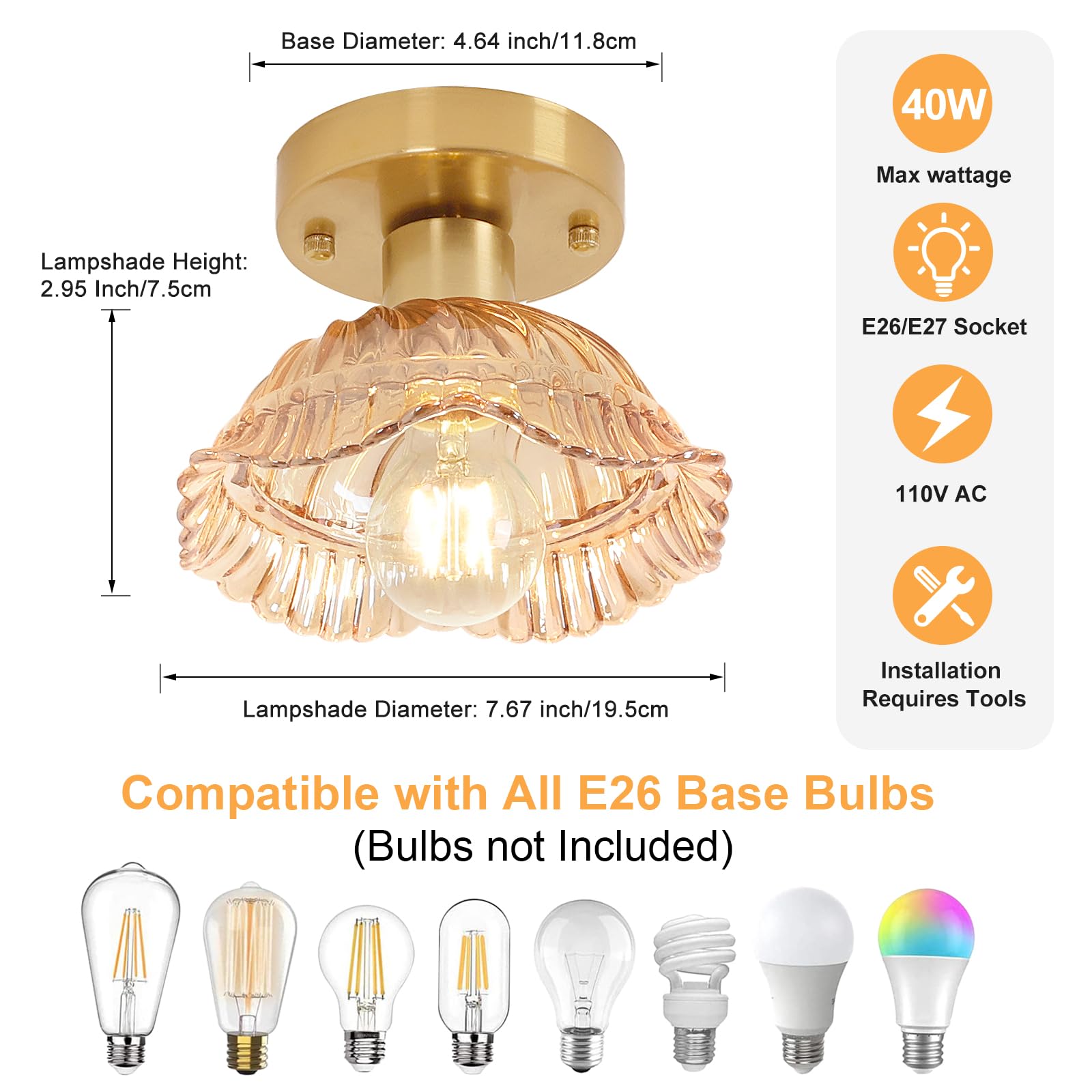 Semi Flush Mount Ceiling Light, Gold Hallway Vintage Lights Fixture Ceiling with Amber Peony Glass, Bulb Included, 4.72" Base Modern Ceiling Light Fixtures for Kitchen Bedroom