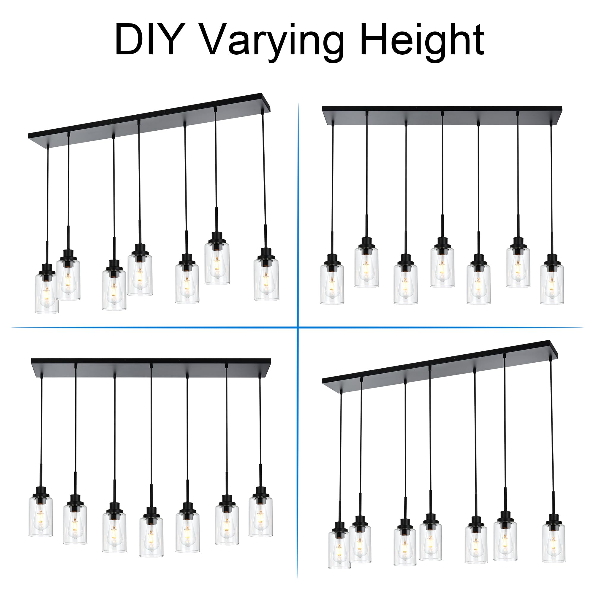 Black Pendant Lights for Kitchen Island, 5-Light Dining Room Light Fixtures Linear Chandeliers with Clear Glass Shade, DIY Hanging Lamp Ceiling for Dining Room Kitchen Bar