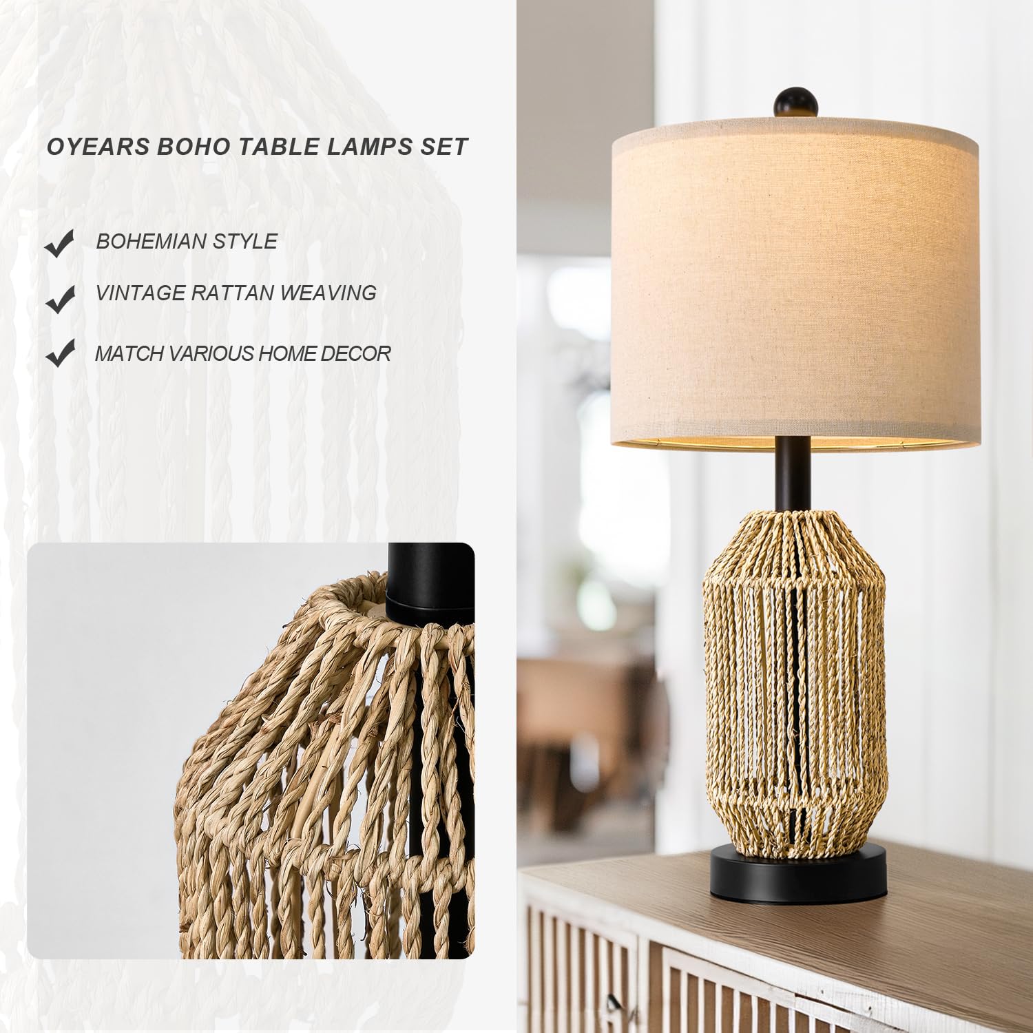 OYEARS 21" Boho Table Lamp for Living Room, Bedside Lamp for Nightstands, Rattan Lamp for Bedroom, Farmhouse Table Lamp for Room Decor, End Table, Retro, Brown, 1 Pack