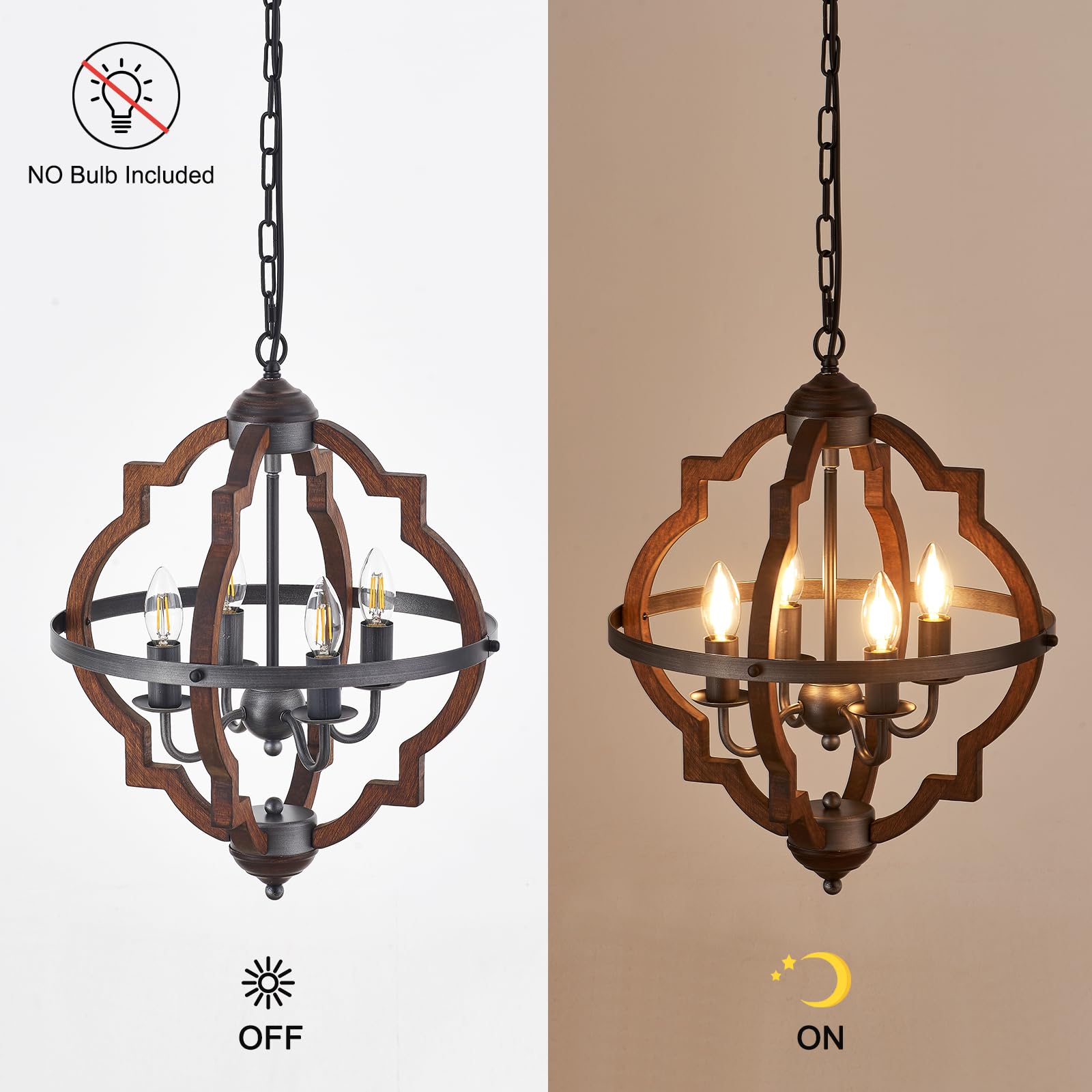 Wood Chandelier Light Fixture Antique Farmhouse 23.6" Caged Candle Style Ord Chandelier Industrial Rustic 6-Lights Wooden Chandelier for Dining Room, Kitchen, Living Room, Bedroom, E12