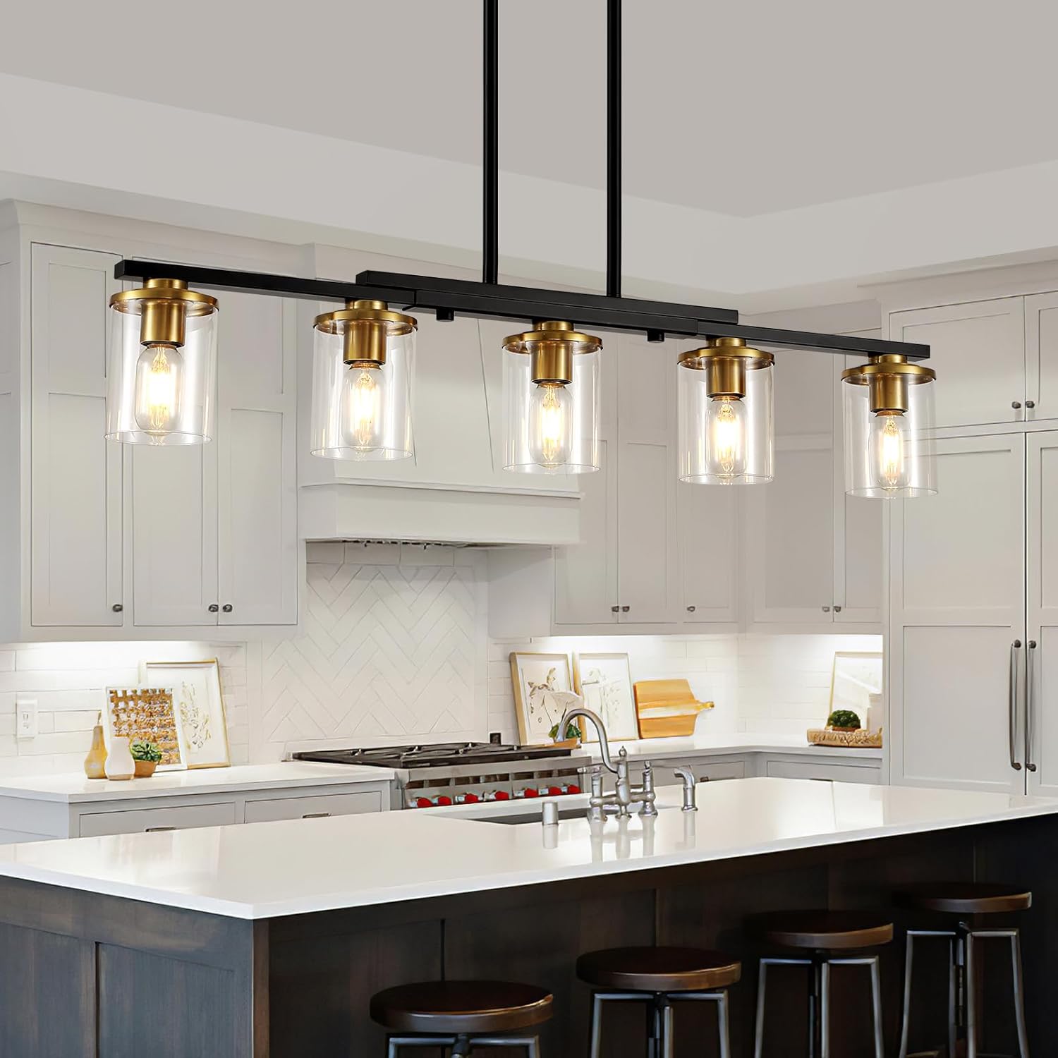 5-Light Kitchen Island Lighting,Dining Room Lights Modern Farmhouse Chandelier with Clear Glass Shade,Modern Rustic Black and Gold Metal Chandelier, Kitchen Pendant Light Fixtures Over Table