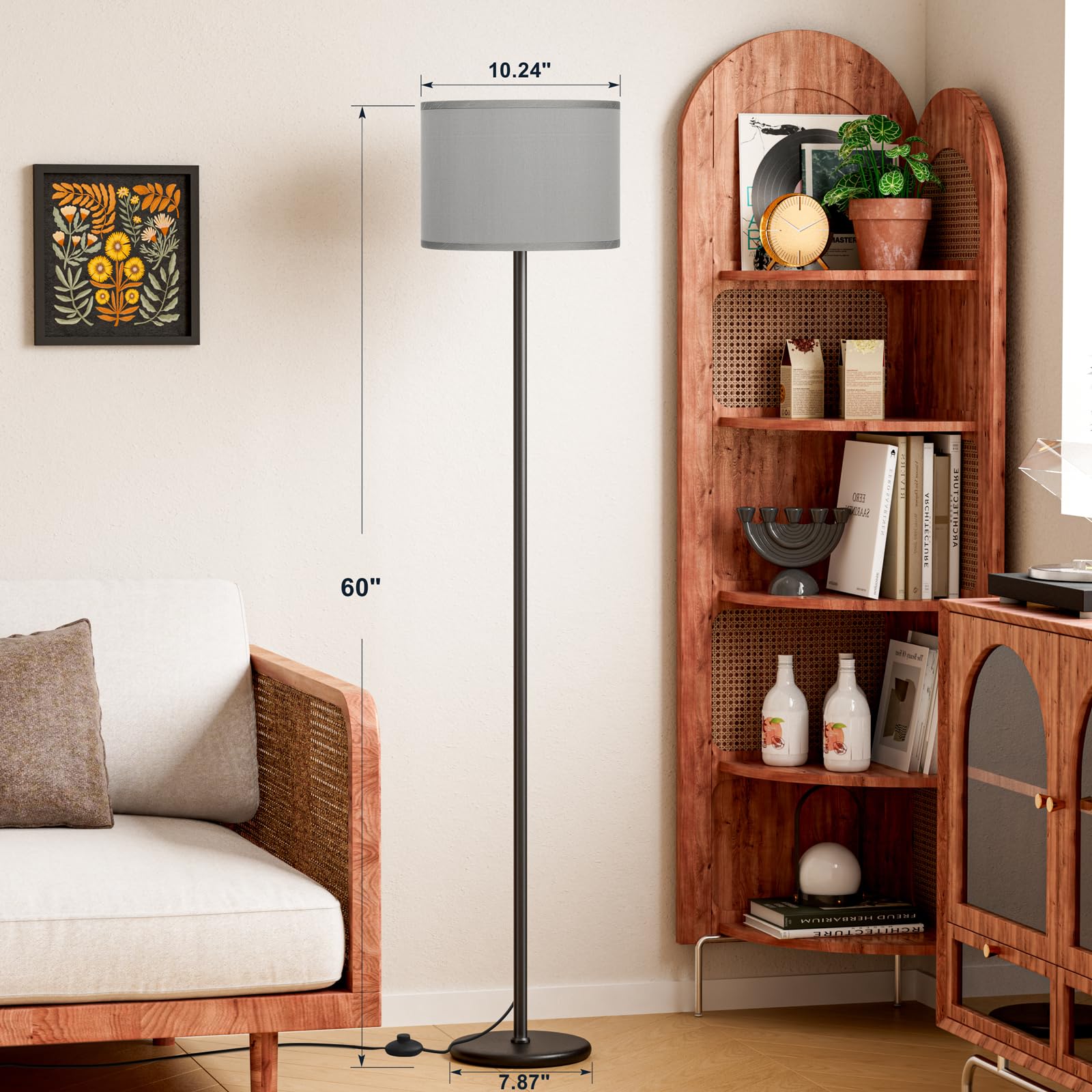 Modern Floor Lamp Simple Design with White Shade, Foot Pedal Switch, 60" Small Tall Lamps for Living Room Bedroom Office Dining Room Kitchen, Black Pole Lamp(Without Bulb)