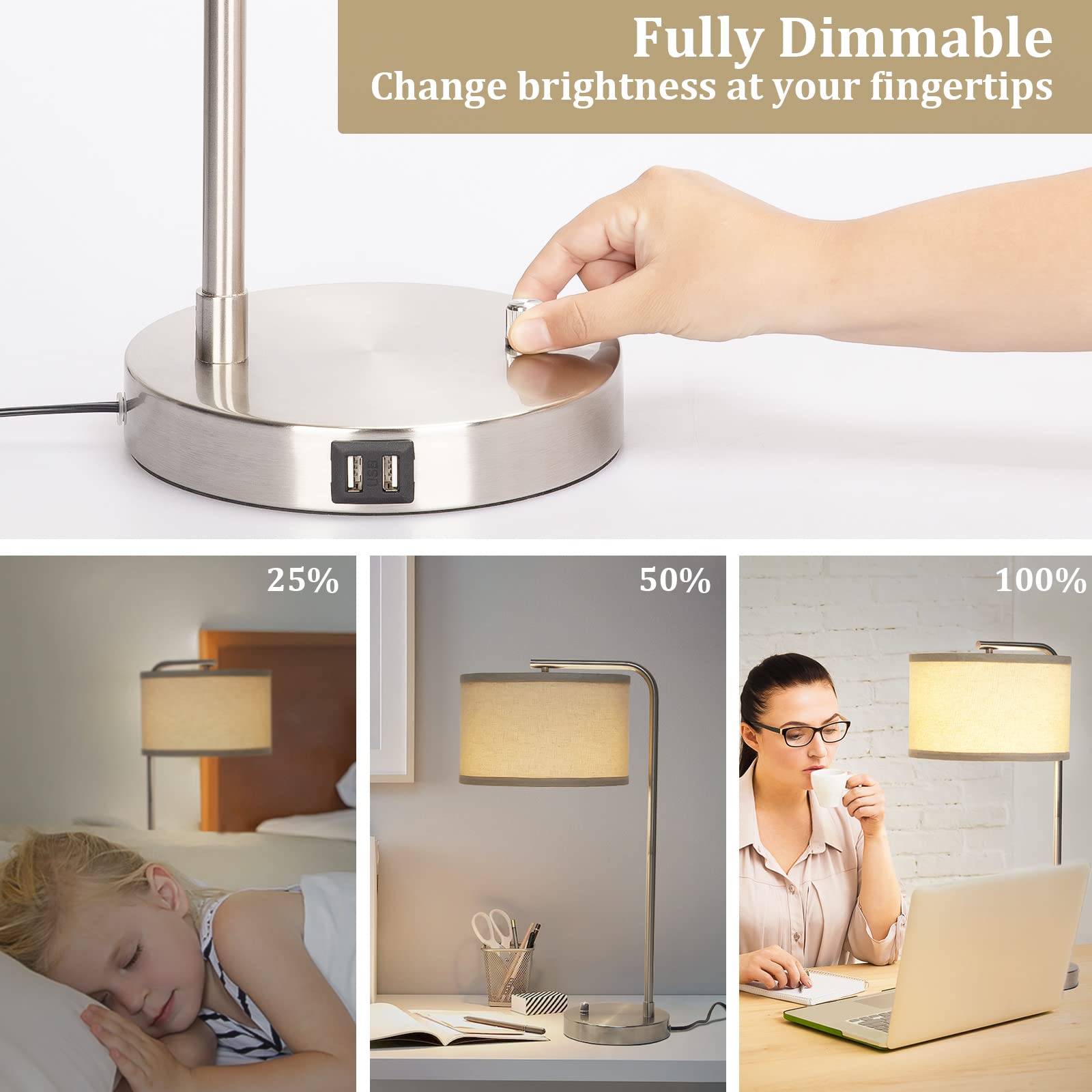 USB Bedside Lamp, Industrial Side Table Lamp with Dual USB Charging Ports, Fully Dimmable Nightstand Lamp, Tall Reading Lamp Desk Lamp for Bedroom, Living Room, Office, 9W LED Bulb Included