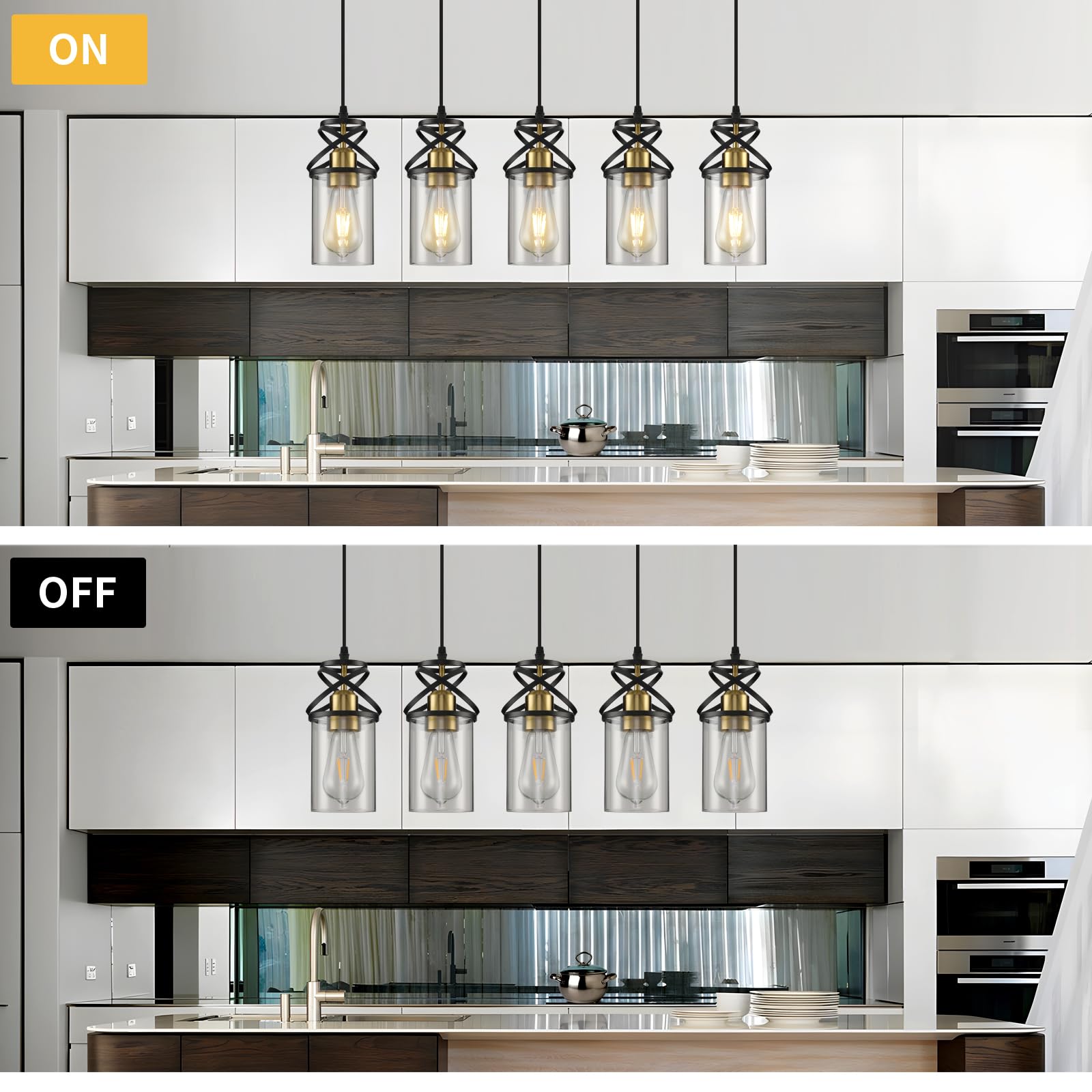 Modern Pendant Light Fixture Farmhouse Hanging Light with Clear Glass Shade, Industrial Black and Gold Pendant Lighting for Kitchen Island Dining Room Bedroom