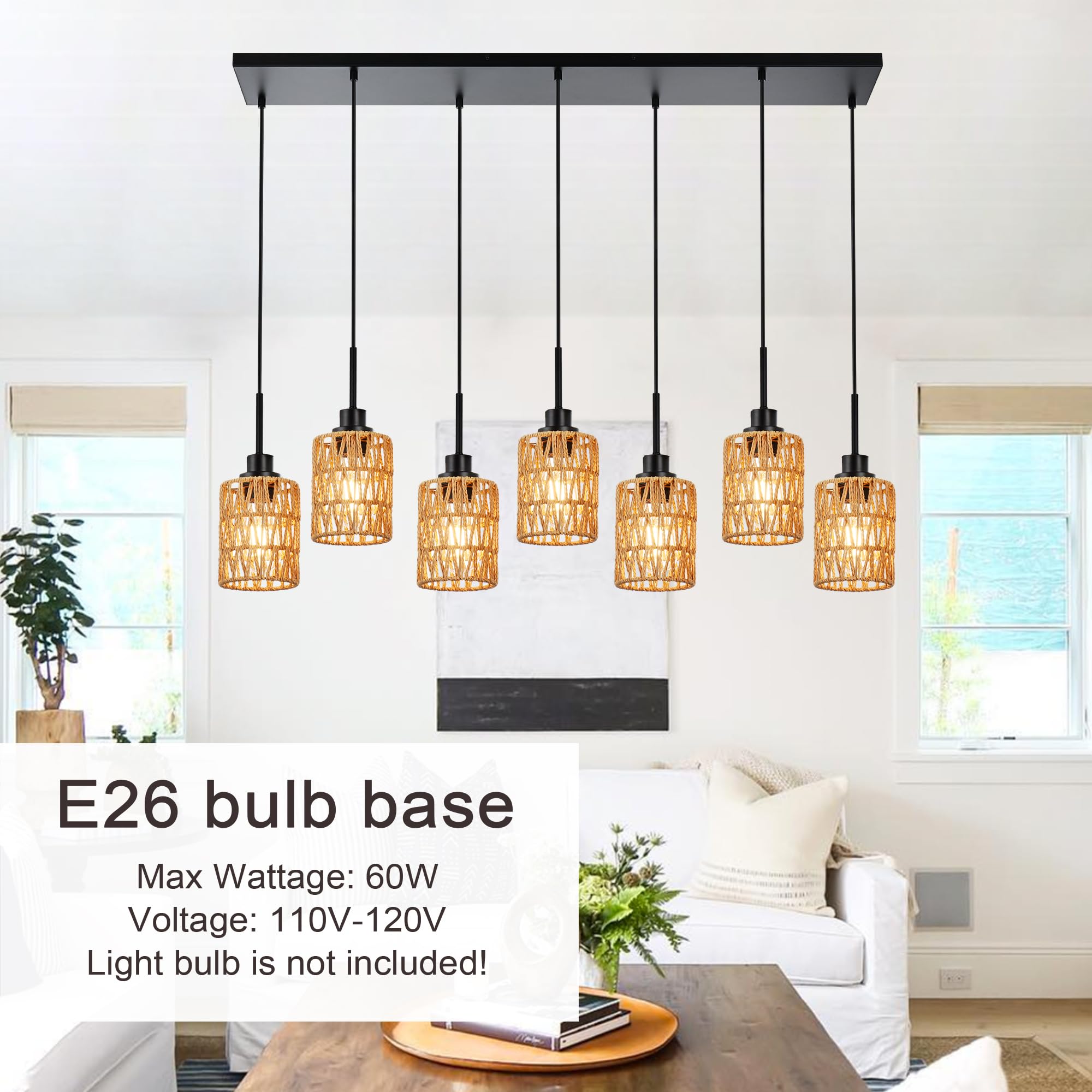 2 Pack Rattan Hanging Light Fixture Boho Pendant Light Black Adjustable Dining Table Light Fixture with Rattan Lamp Shade, Set of Two Mini Pendant Lighting for Kitchen Island Hallway Stair