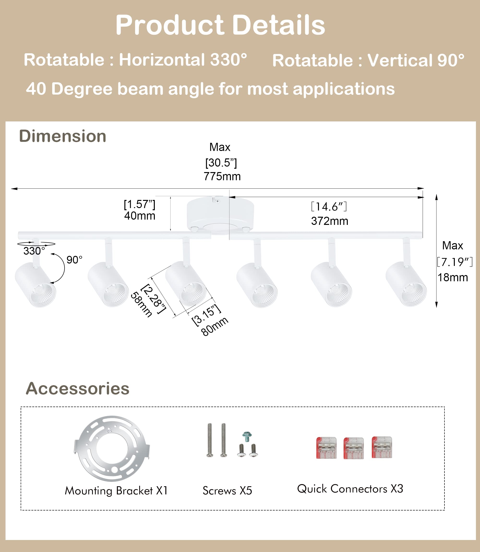 40W 6-Head LED Dimmable Track Light Kit,3000K/4000K/5000K Selectable 3000lm CRI90,Flexibly Rotatable Light Head for Accent Decorative Lighting,White