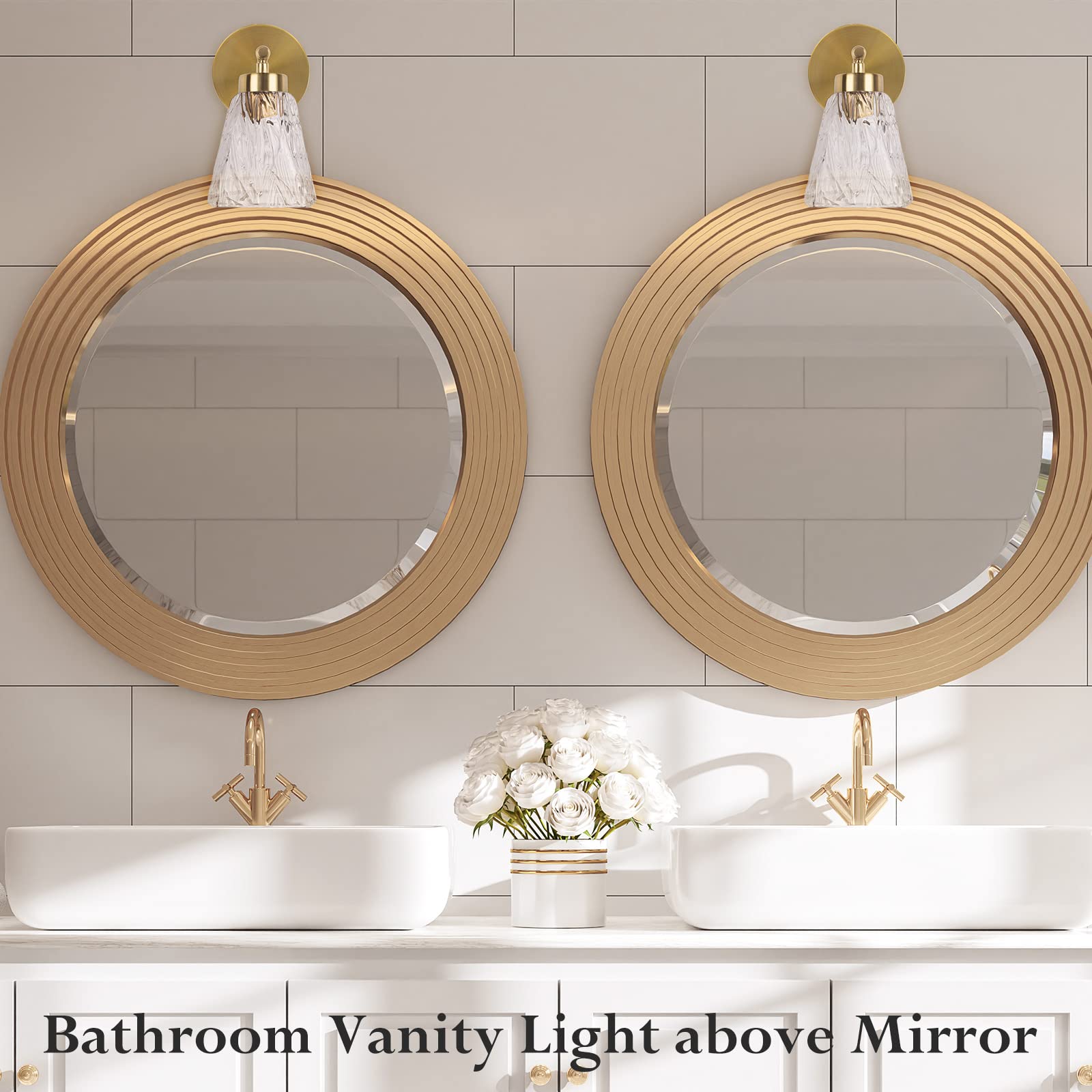 Gold Wall Sconces Set of 2 - Modern Sconces Wall Lighting with Water Rippled Glass Shades, Mid Century Gold Vanity Light Brass Bathroom Light Fixtures Over Mirror for Bedroom Porch Indoor