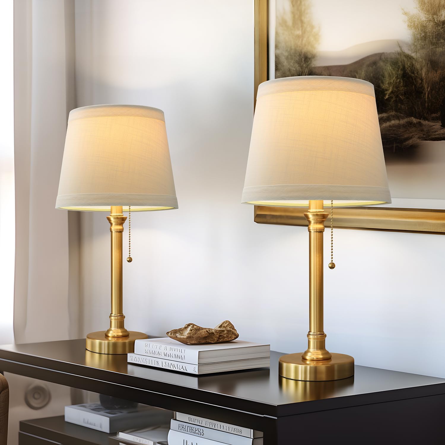 19.5'' Gold Table Lamp for Living Room Nightstand Modern Lamps Brass Table Lamp for Bedroom Metal Bedside Lamp with White Drum Shade