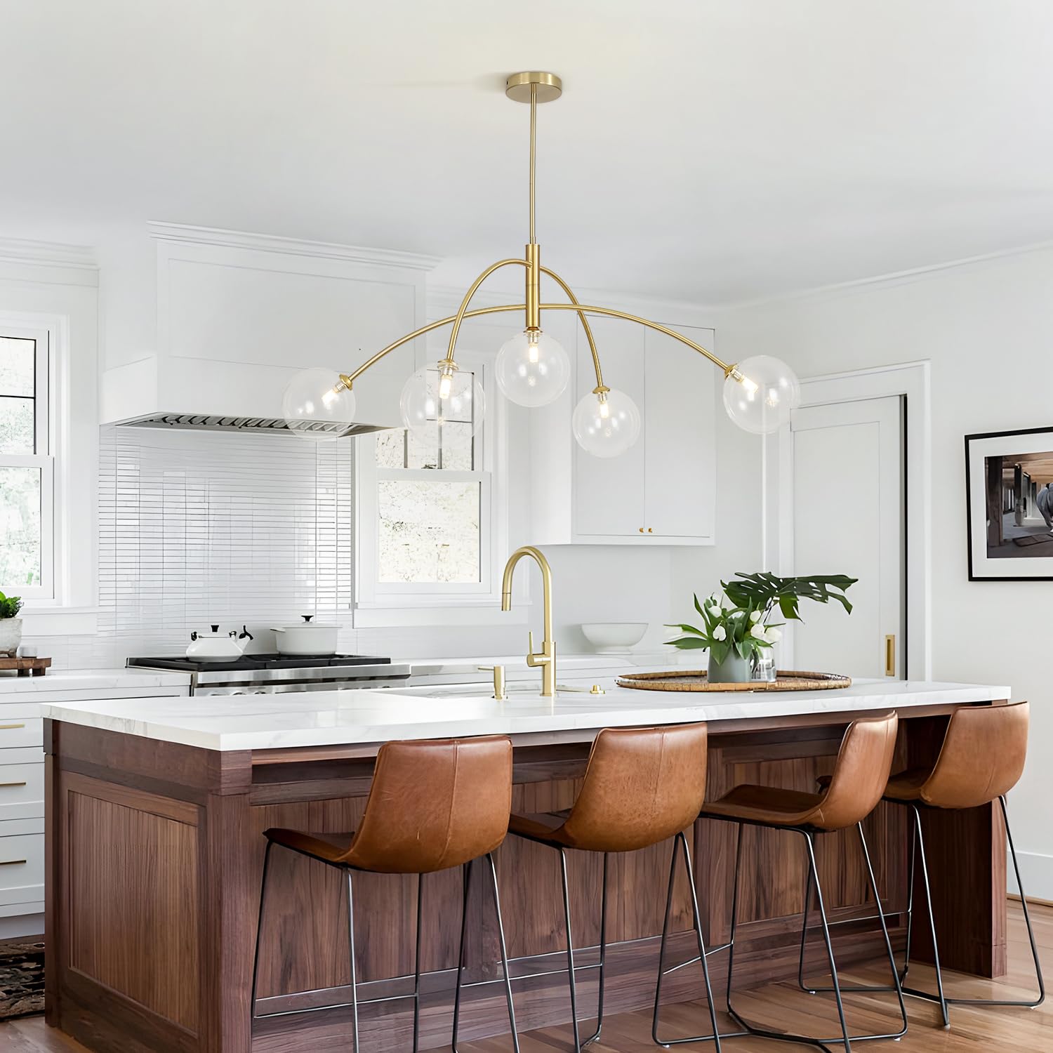 5 Light Modern Brass Chandelier Fixture White Clear Globe Glass Shade Pendant Light Gold Kitchen Ceiling Large Chandelier for Dining Room Kitchen Bedroom