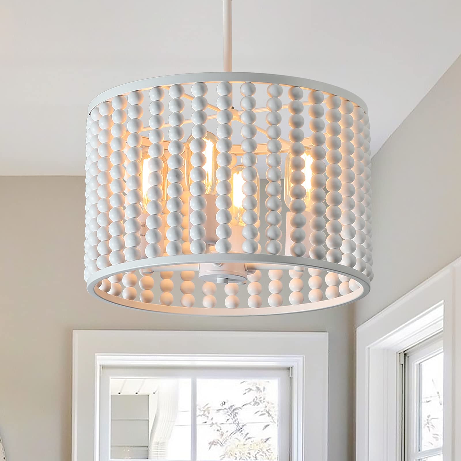 Wood Beaded Boho Chandelier Light Fixture, Semi Flush Mount Ceiling Light 3-Light Rustic Nursery Close to Ceiling Light for Bedroom Kitchen, Living Room, Oak White, E26 Base