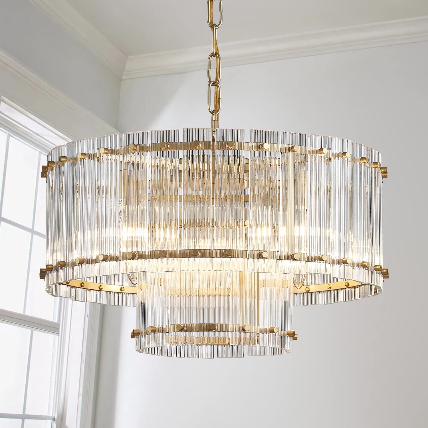 Saint Mossi 21032 Drum Chandelier Light Fixture, Doule Layer Middle Century Modern Design, with 5-Light, D18 x H10, Adjustable 59" Chains, Ripple Glass Shade & Gold Finish Metal Frame