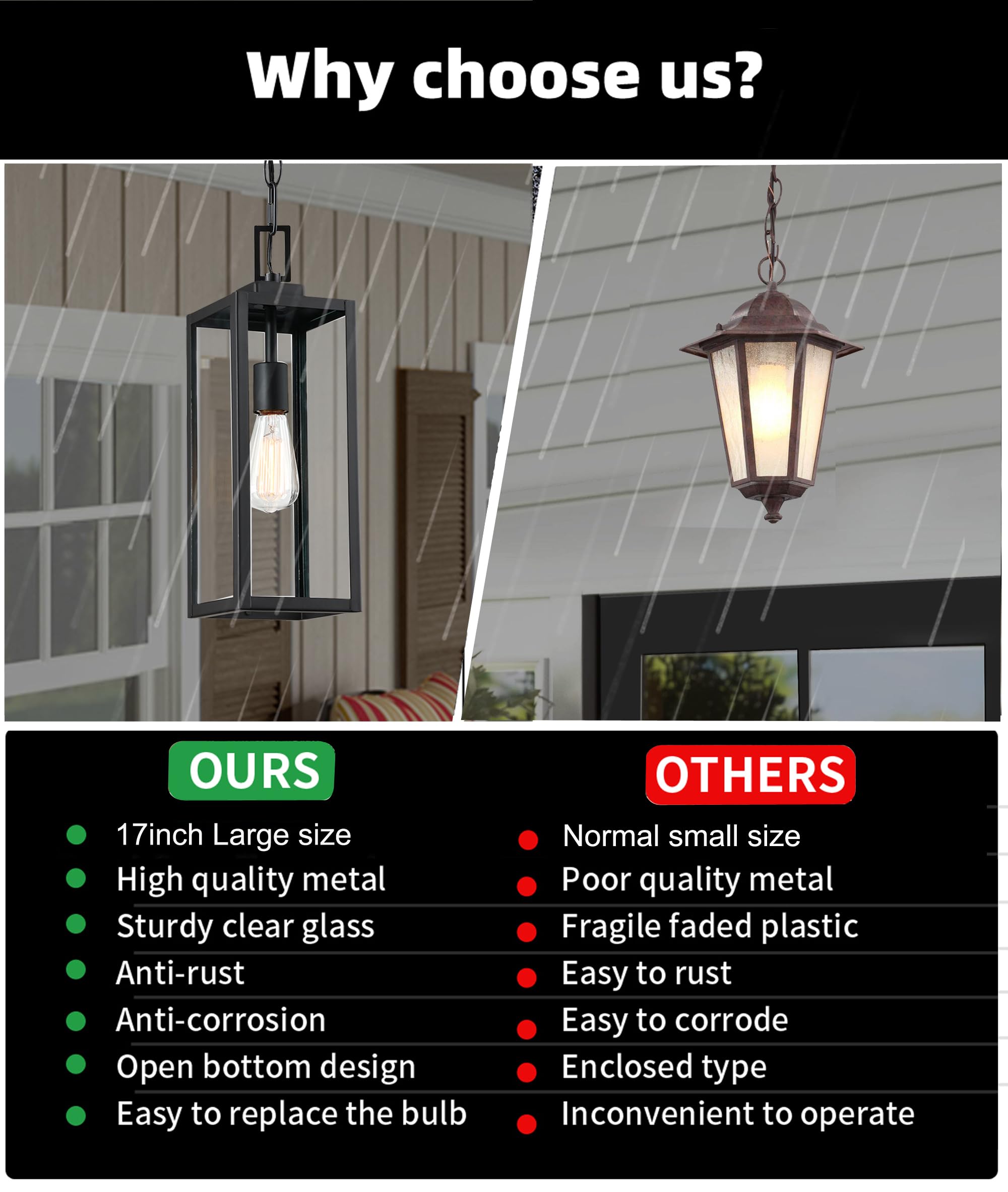 17 Inch Outdoor Pendant Light,Front Porch Outdoor Pendant Light,Metal and Glass Outdoor Hanging Light Ceiling Mount Exterior Hanging Lantern for Front Porch Ceiling Light, E26