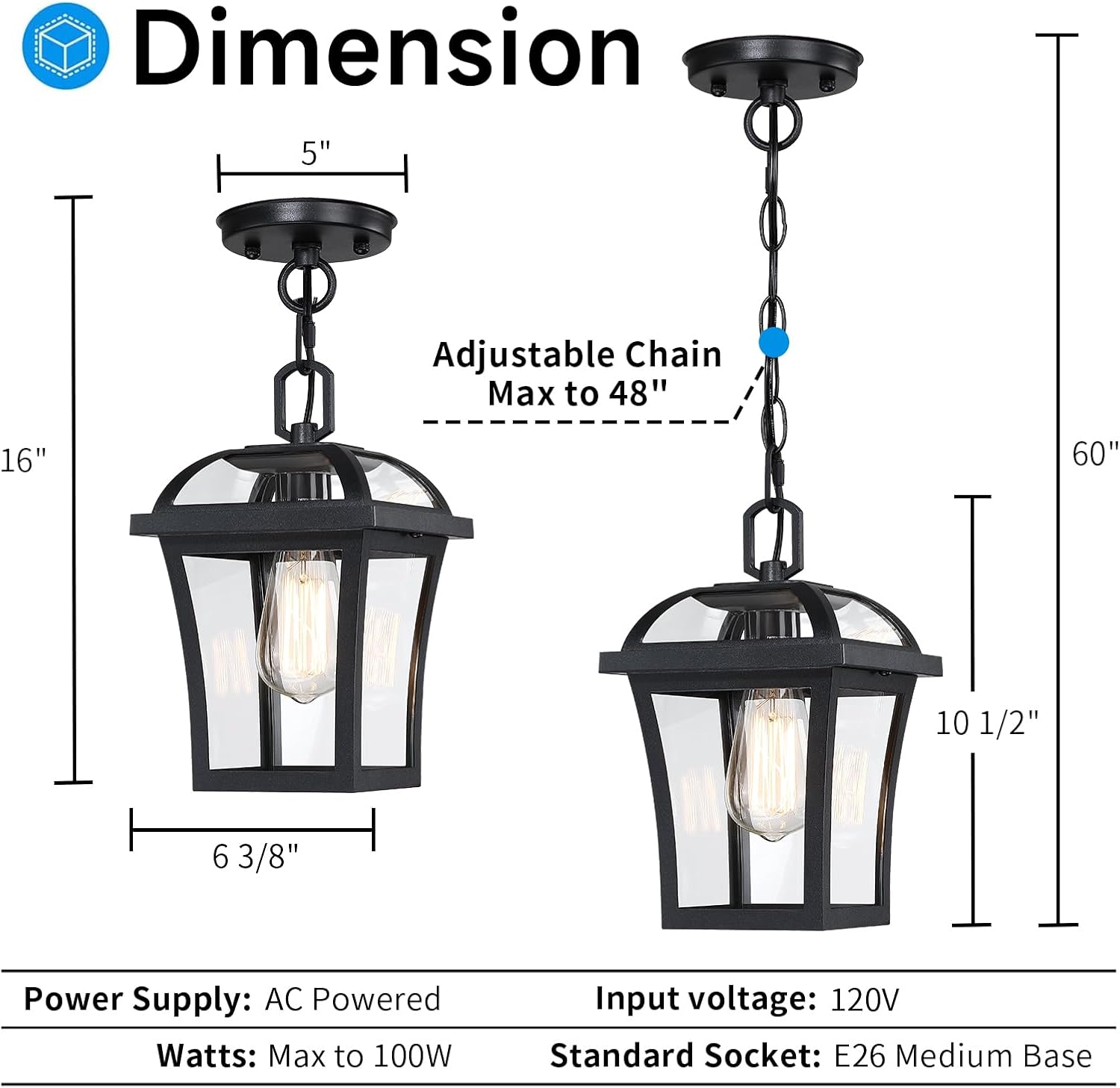 Outdoor Pendant Lights for Porch, Farmhouse Exterior Hanging Lights Fixture with Adjustable Chain,Modern Black Outdoor Chandelier Lantern with Clear Glass for Front Porch, Yard, Gazebo