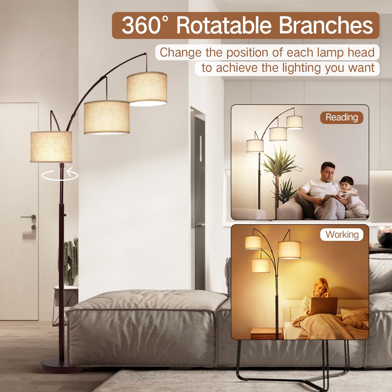 Arc Led Floor Lamp, Modern Black 3 Light Arched Tall Floor Lamp for Bedroom, 2400lm Mid Century Adjustable Standing Corner Lamps for Living Room Office, 3 LED Bulbs Included, Beige Lampshade