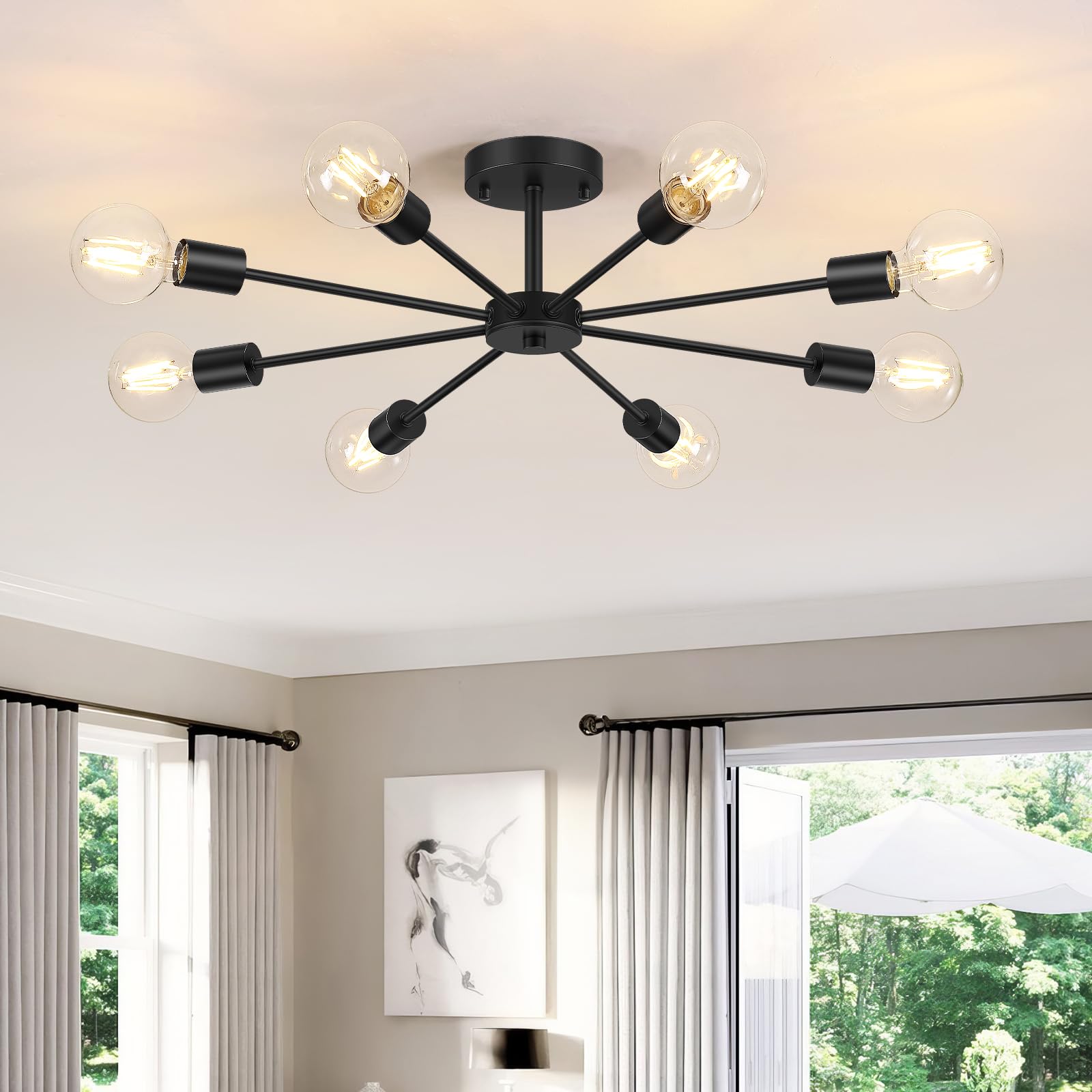 6-Lights Semi Flush Mount Ceiling Light, Matte Black Close to Ceiling Lighting with E26 Base, Modern Sputnik Light Fixtures for Kitchen Dining Room Bedroom Living Room