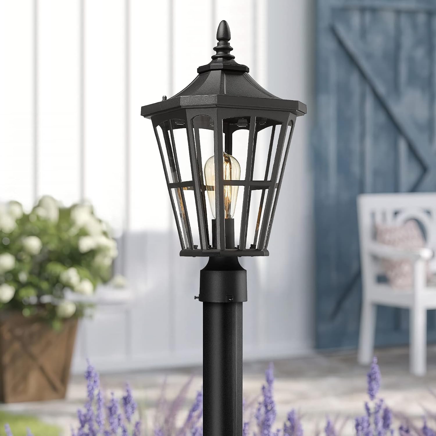 Farmhouse Outdoor Hanging Light for Porch - 16 Inch Large Exterior Pendant Light, Clear Glass Shade in Black Finish, XE221H BK