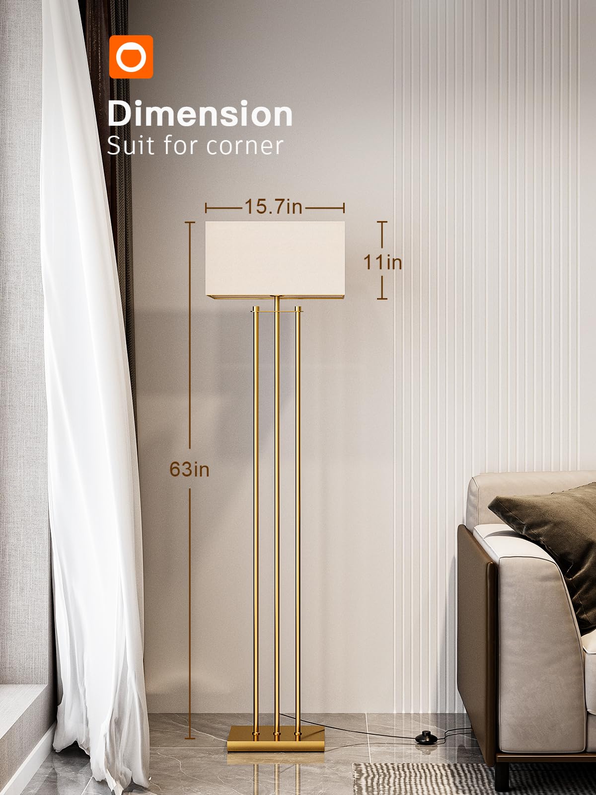 Gold Floor lamps for Living Room, Tall Modern Standing lamp with Linen Shade, Decorative Simple Design Floor Lamps for Bedroom and Office