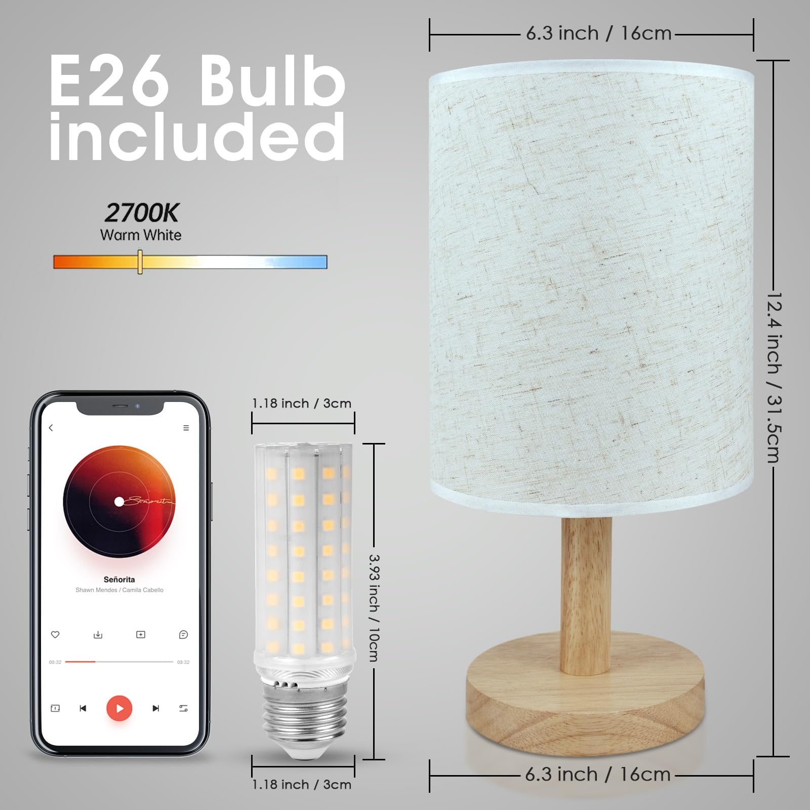 Small Bedside Night Table Lamp for Bedroom, Minimalist Nightstand Lamp with Round Fabric Linen Shade, Study Reading Desk Lamp for Kids Room, Living Room, College Dorm, Home, Office