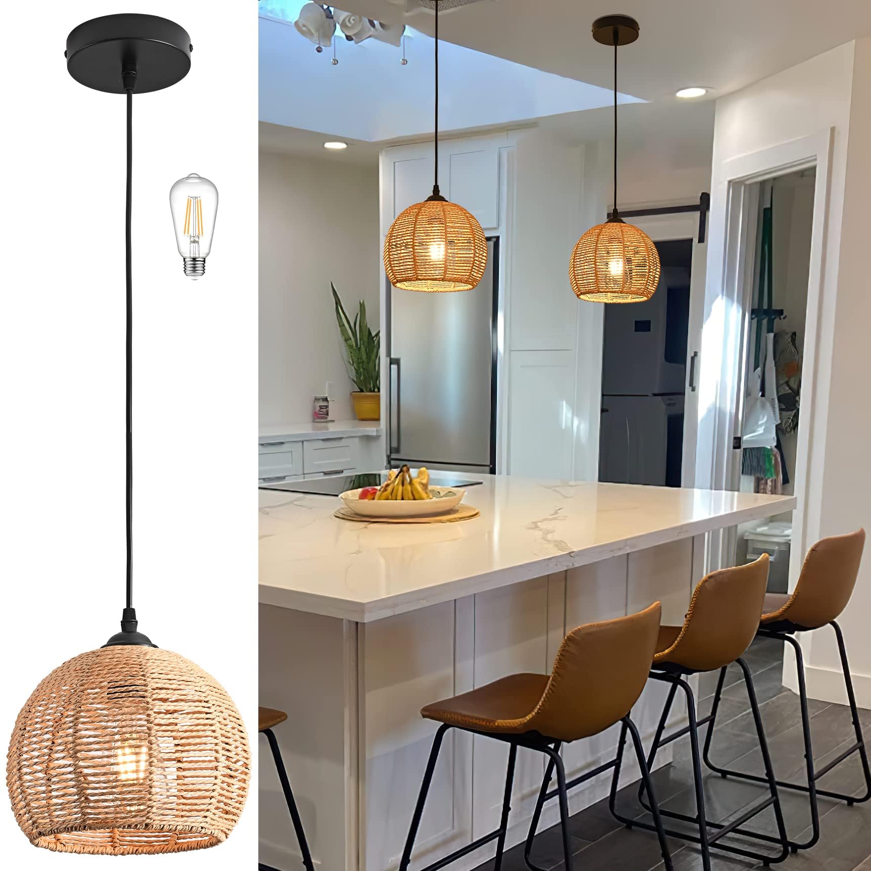 Mini Hemp Rope Woven Pendant Light Woven Light Fixture Boho Chandelier Light Fixture Wicker Pendant Light Rattan Light Pendant Dome Wicker Chandelier for Bedroom Kitchen Island(Bulb Incl.)