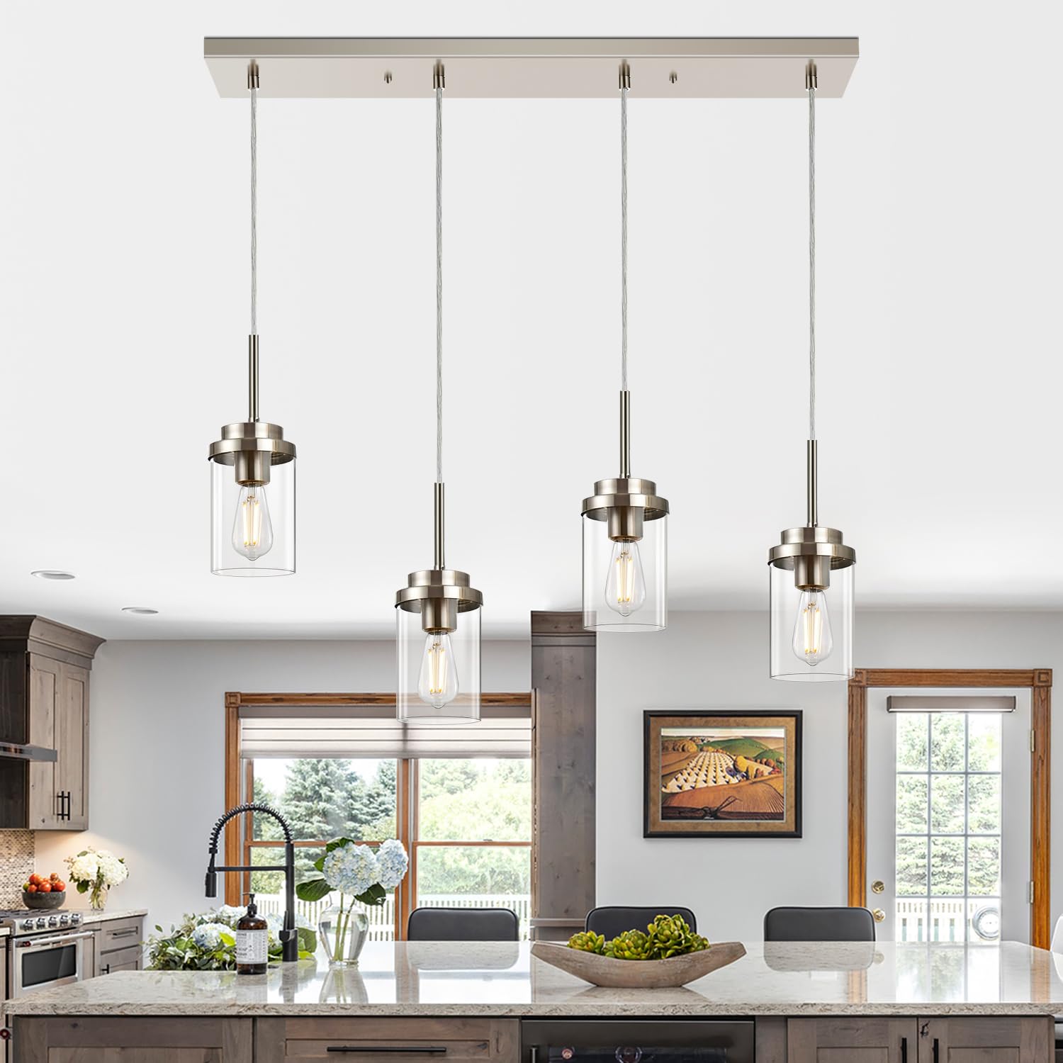 Island Lights for Kitchen, 4-Light Dining Room Light Fixtures, Modern Chandeliers for Dining Rooms Over Table Brushed Nickel Pendant Lights Linear Kitchen Island with Clear Glass Shade