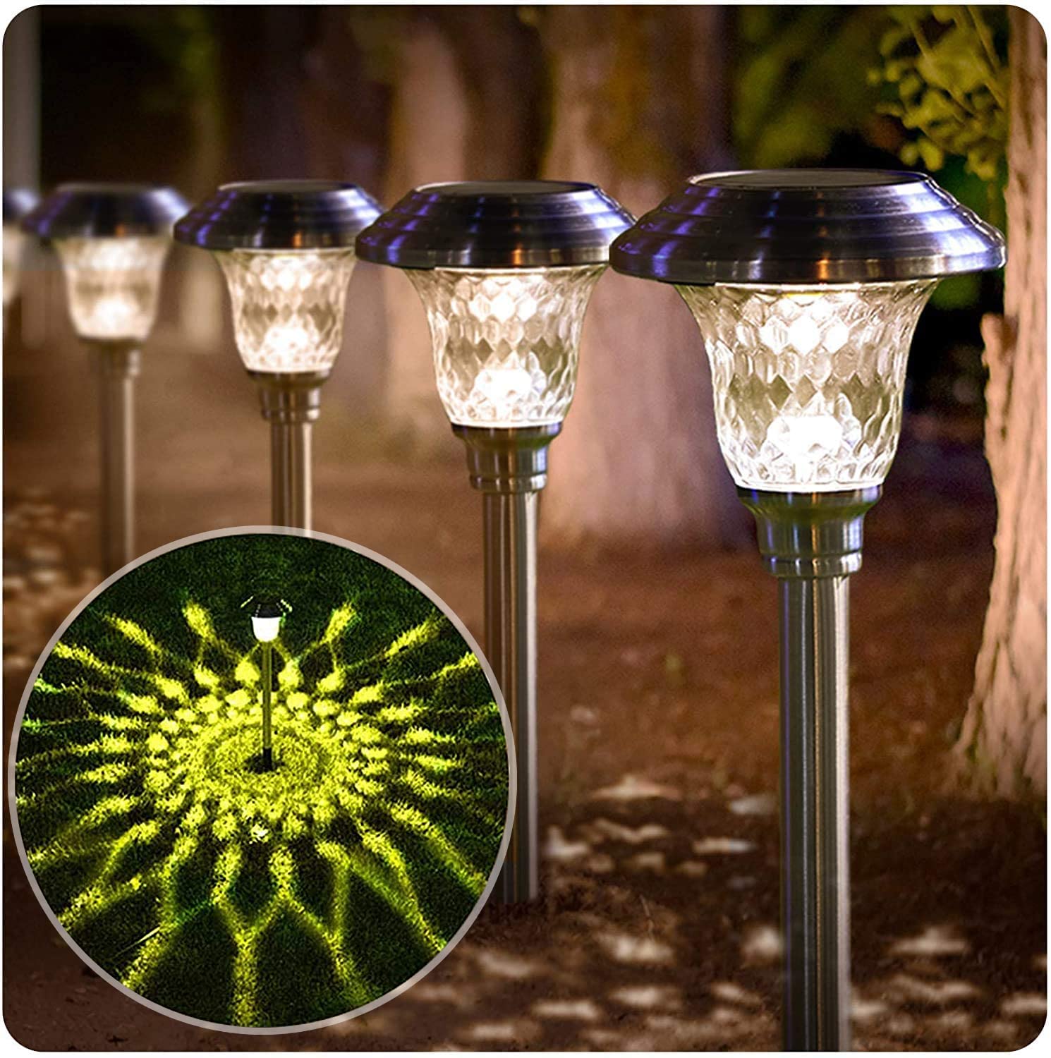 8 Pack Solar Pathway Lights Color Changing + Bright White Outdoor Garden Stake Glass LED Stainless Steel Waterproof Landscape Path Lighting for Yard Walkway Driveway Outside Black