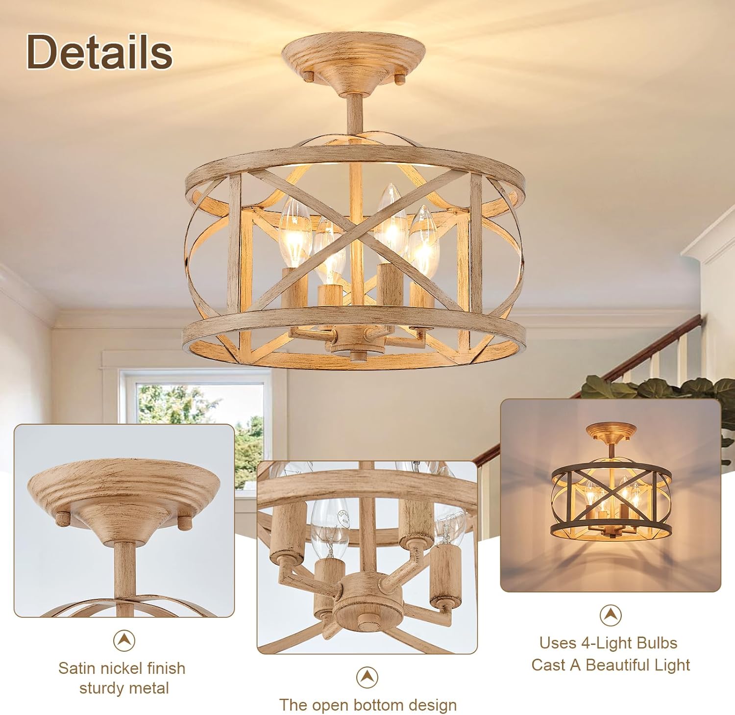 Semi Flush Mount Ceiling Light Fixture, Rustic Vintage Farmhouse 4-Light Wood Ceiling Light, Industrial Close to Ceiling Light with Metal Cage Ceiling Lamp for Entryway Bedroom Kitchen Living Room