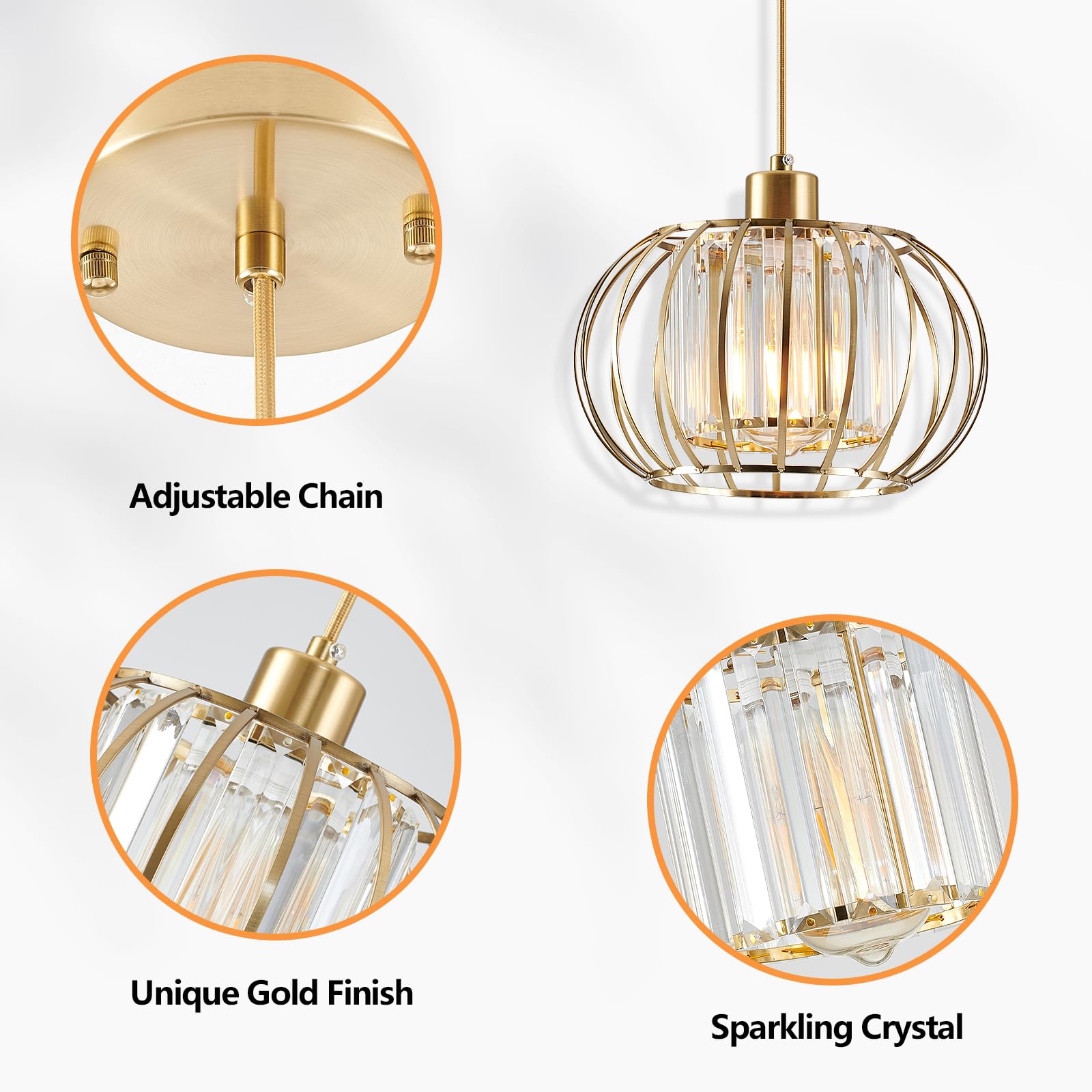 Gold Pendant Light Fixture, Modern Crystal Pendant Lights Kitchen Island, 1-Light Farmhouse Mini Chandelier, Adjustable Brass Hanging Light Fixture for Hallway, Bedroom, Dining Room