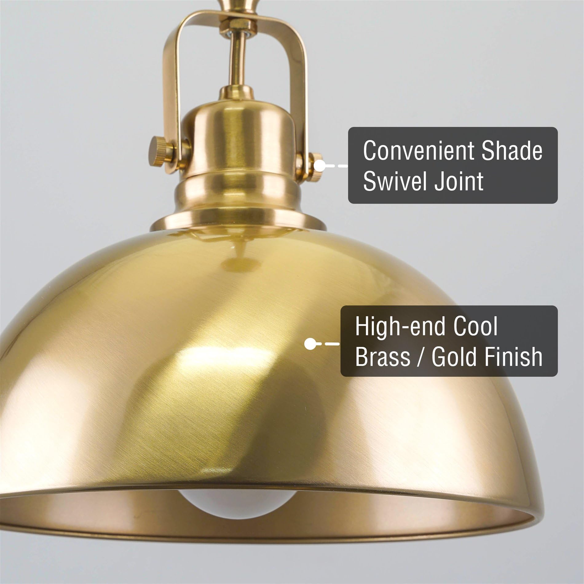 9" Contemporary Industrial Pendant Light, Adjustable Length + Shade Swivel Joint, Brushed Brass Finish